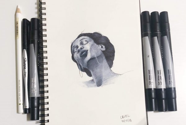 Sketch of a woman with tears 