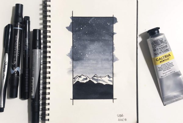 Sketch of a mountain and the night sky