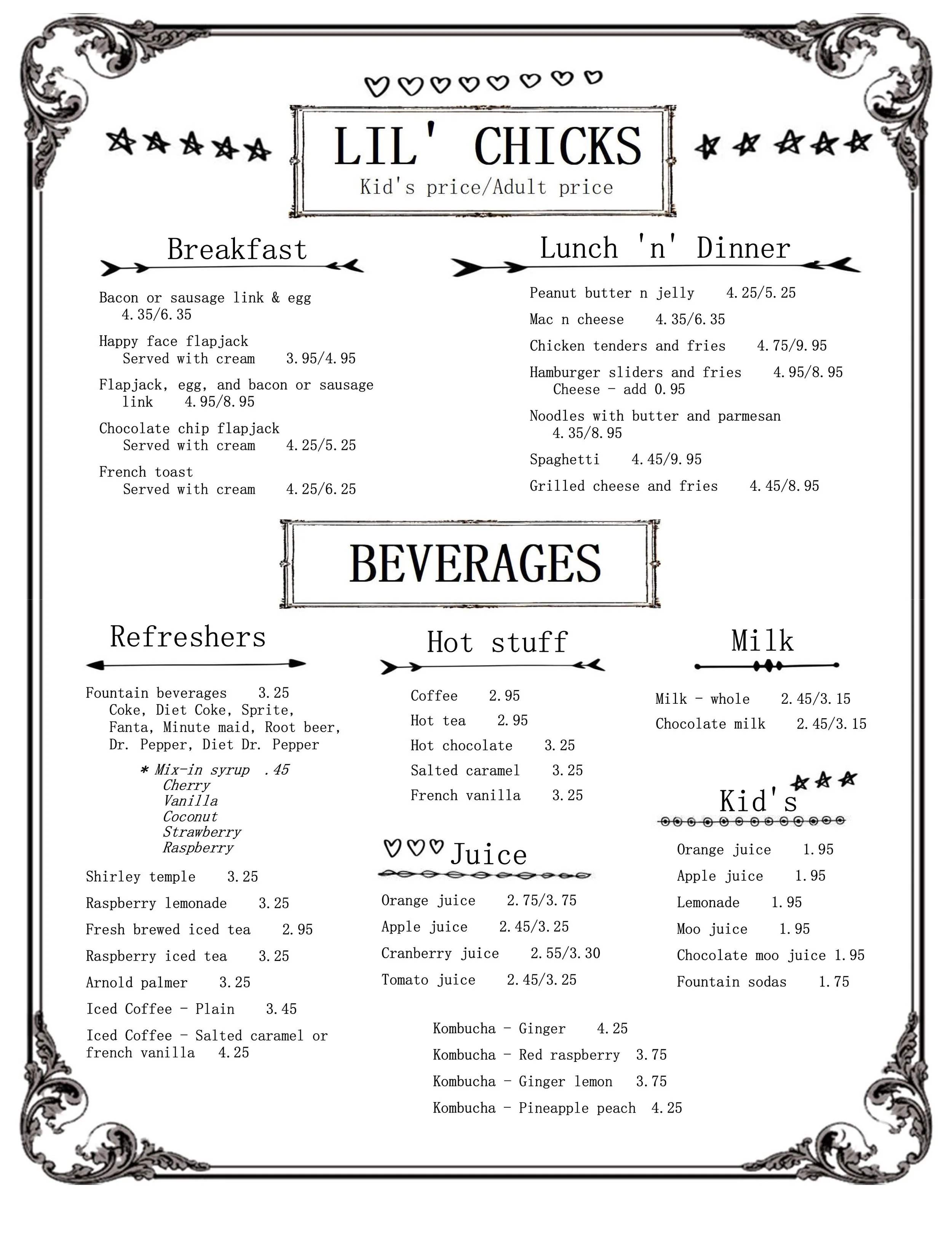 Full Menu Rooster Run Cafe