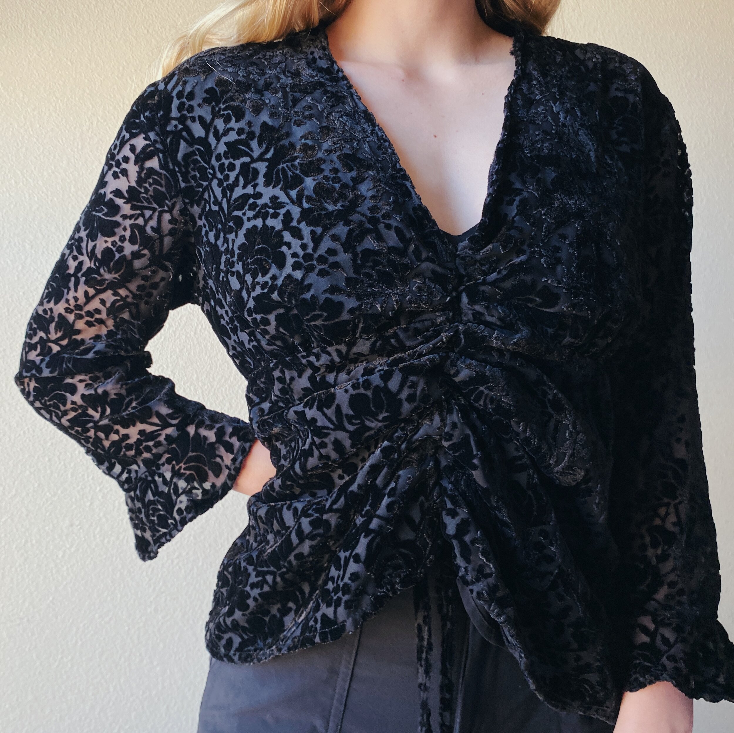 Ruched V-Neck Floral Velvet Pattern Blouse (L)