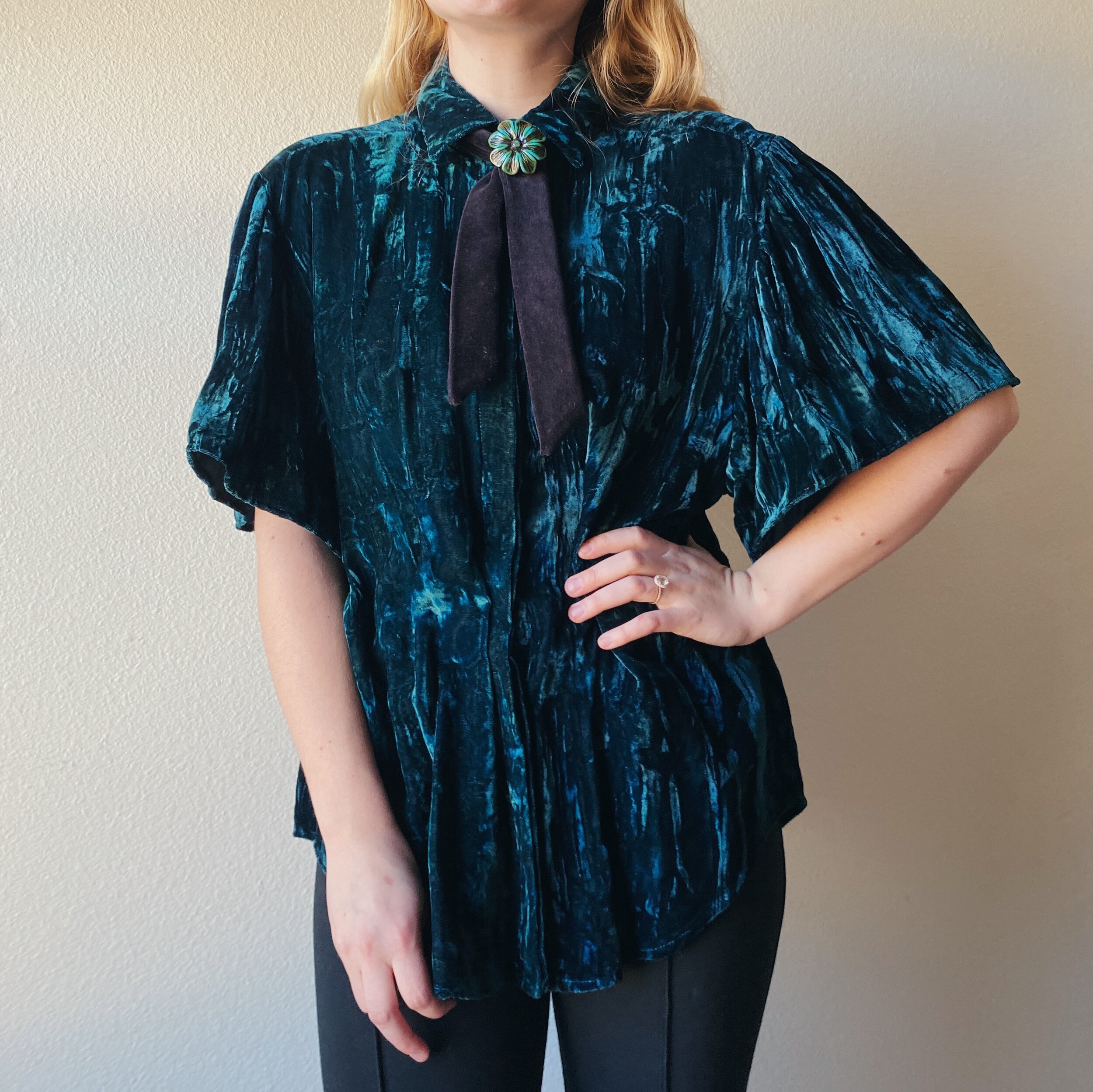 Teal Short Wizard Sleeve Blouse with Tie (M)