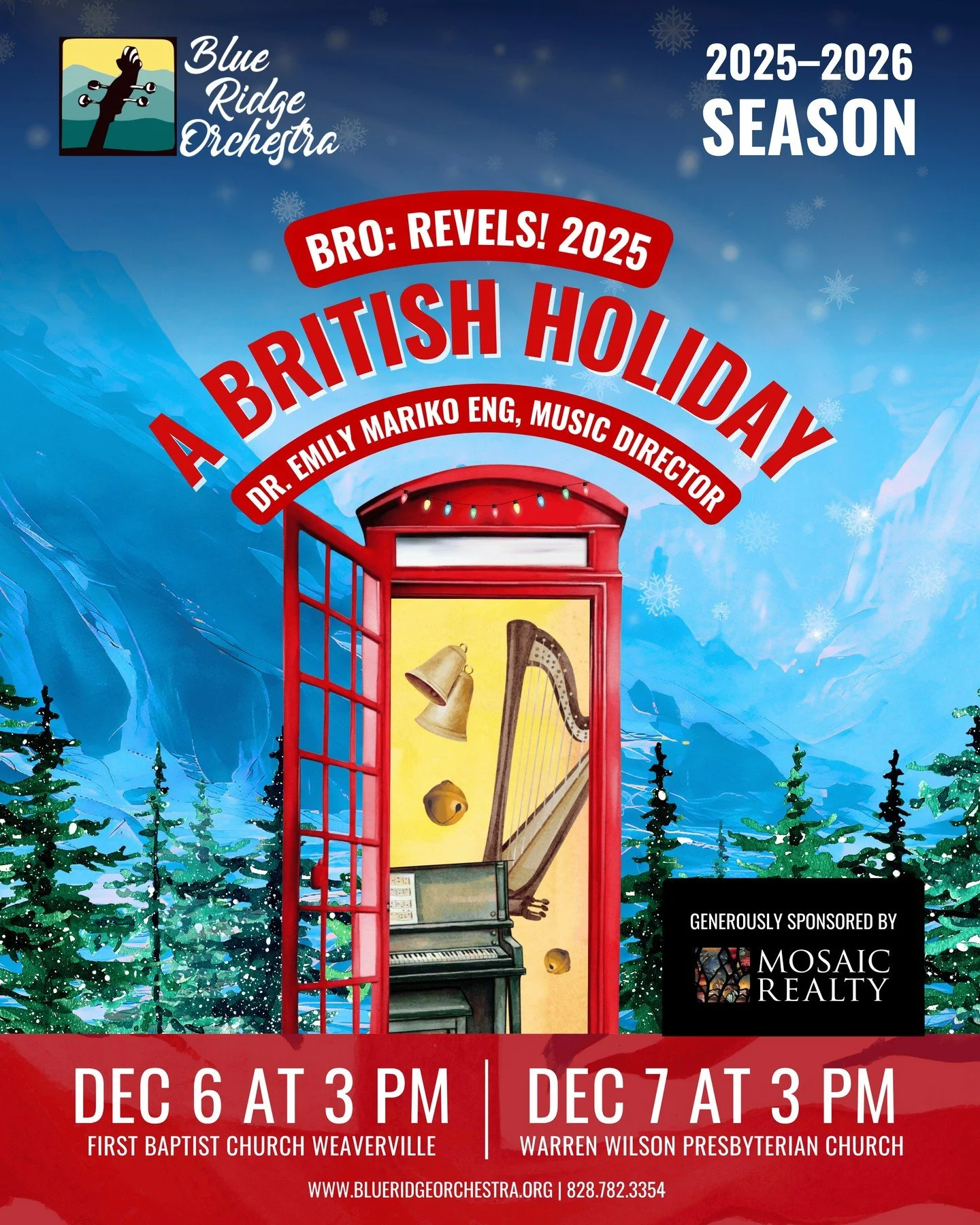 It's time to REVEL this holiday season!
🥁 The Blue Ridge Orchestra proudly presents:
BRO Revels! 2025: A British Holiday
Dr. Emily Mariko Eng, Music Director
🌲 December 6, 3pm - First Baptist Church Weaverville
🌲 December 7, 3pm - Warren Wilson
