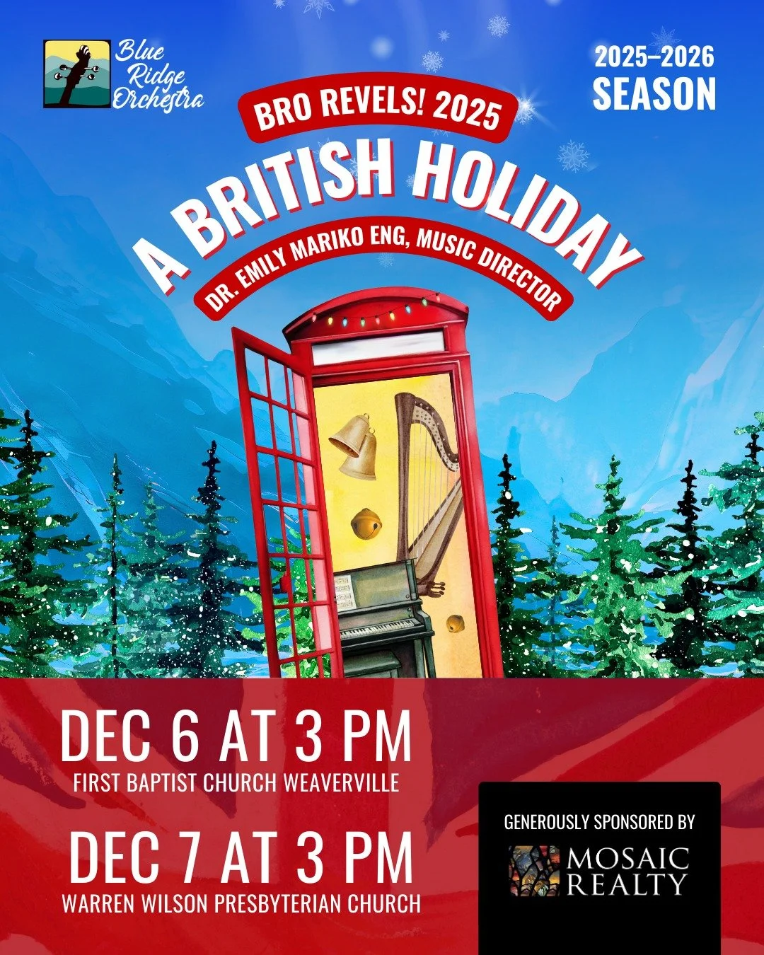 Join us for...
BRO Revels! 2025: A British Holiday
Dr. Emily Mariko Eng, Music Director

🌲 December 6, 3pm - First Baptist Church Weaverville (@fbcweaverville)
🌲 December 7, 3pm - Warren Wilson Presbyterian Church 

🎟️ Details &amp; Tickets 👉 at 