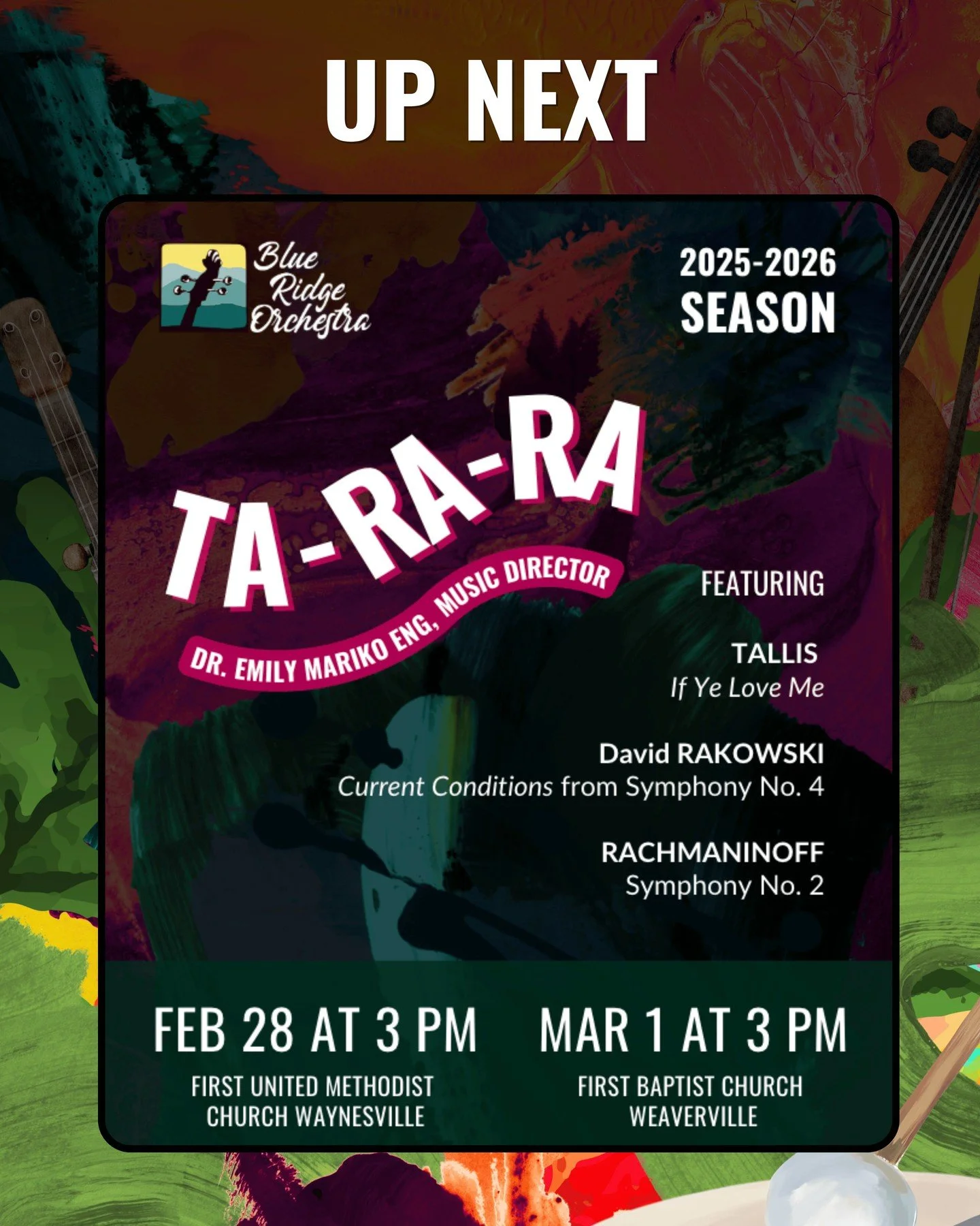 UP NEXT: Ta-Ra-Ra
Dr. Emily Mariko Eng, Music Director

🎭 February 28, 3pm - First United Methodist Church of Waynesville (@fumcwaynesville)
🎭 March 1, 3pm - First Baptist Church of Weaverville (@fbcweaverville) 

🎟️ Details &amp; Tickets 👉 at th