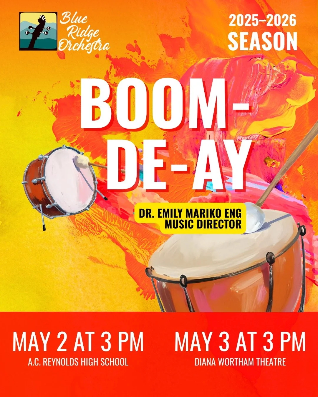 🥁🥁🥁

Drumroll please.... get ready for
BOOM-DE-AY
Dr. Emily Mariko Eng, Music Director

🎭 May 2, 3pm - A.C. Reynolds High School
🎭 May 3, 3pm - Diana Wortham Theatre

🎟️ Details &amp; Tickets 👉 at the link in our bio 

 #orchestra #828isgreat 