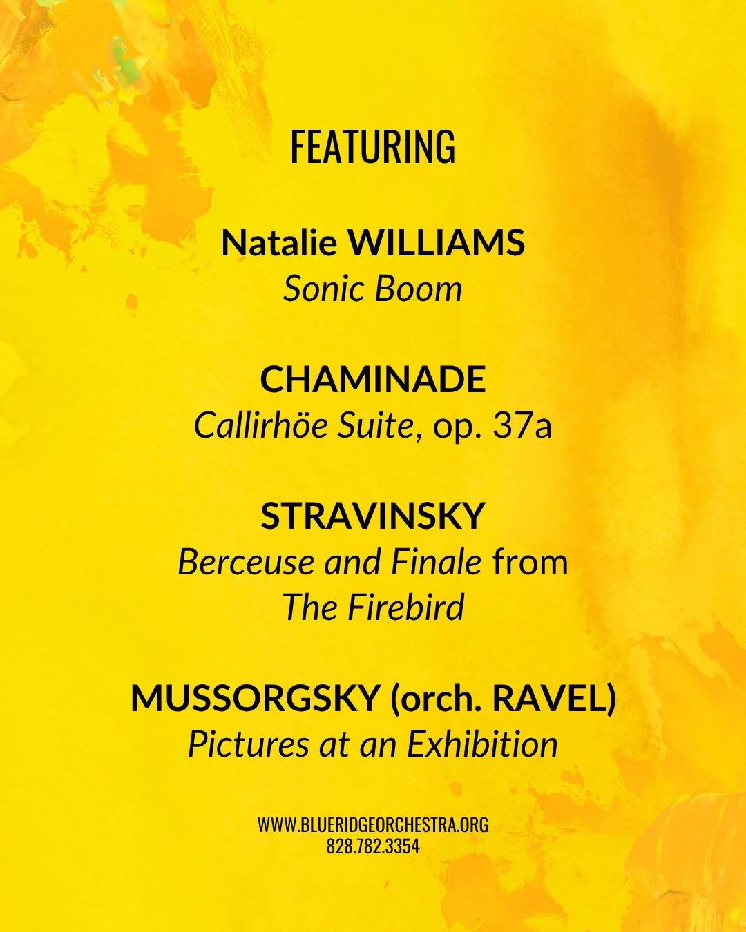 The BRO &lsquo;Booms&rsquo; with percussive explosions in Natalie Williams&rsquo;s Sonic Boom, Stravinsky&rsquo;s Berceuse and Finale from Firebird, and Mussorgsky&rsquo;s Pictures at an Exhibition. 

This concert features:

Natalie WILLIAMS - Sonic 