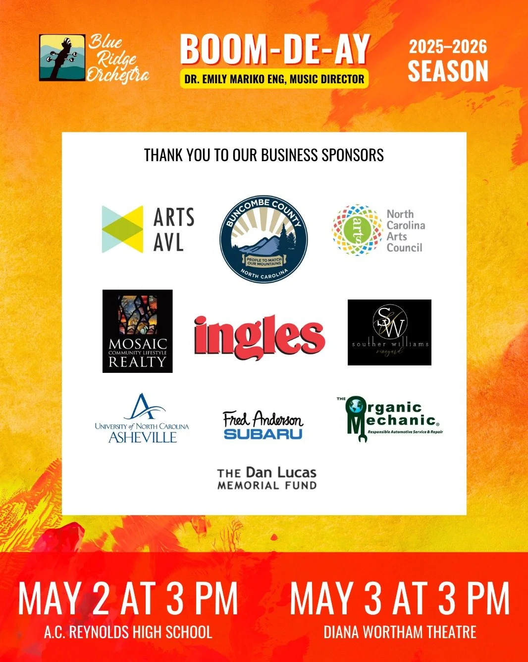 A special thank you to our 💥 boomin' 💥 sponsors! 

The Blue Ridge Orchestra is a community volunteer orchestra, which means we rely on the generous support of our audience, sponsors, and volunteer musicians to be able to keep sharing music across W