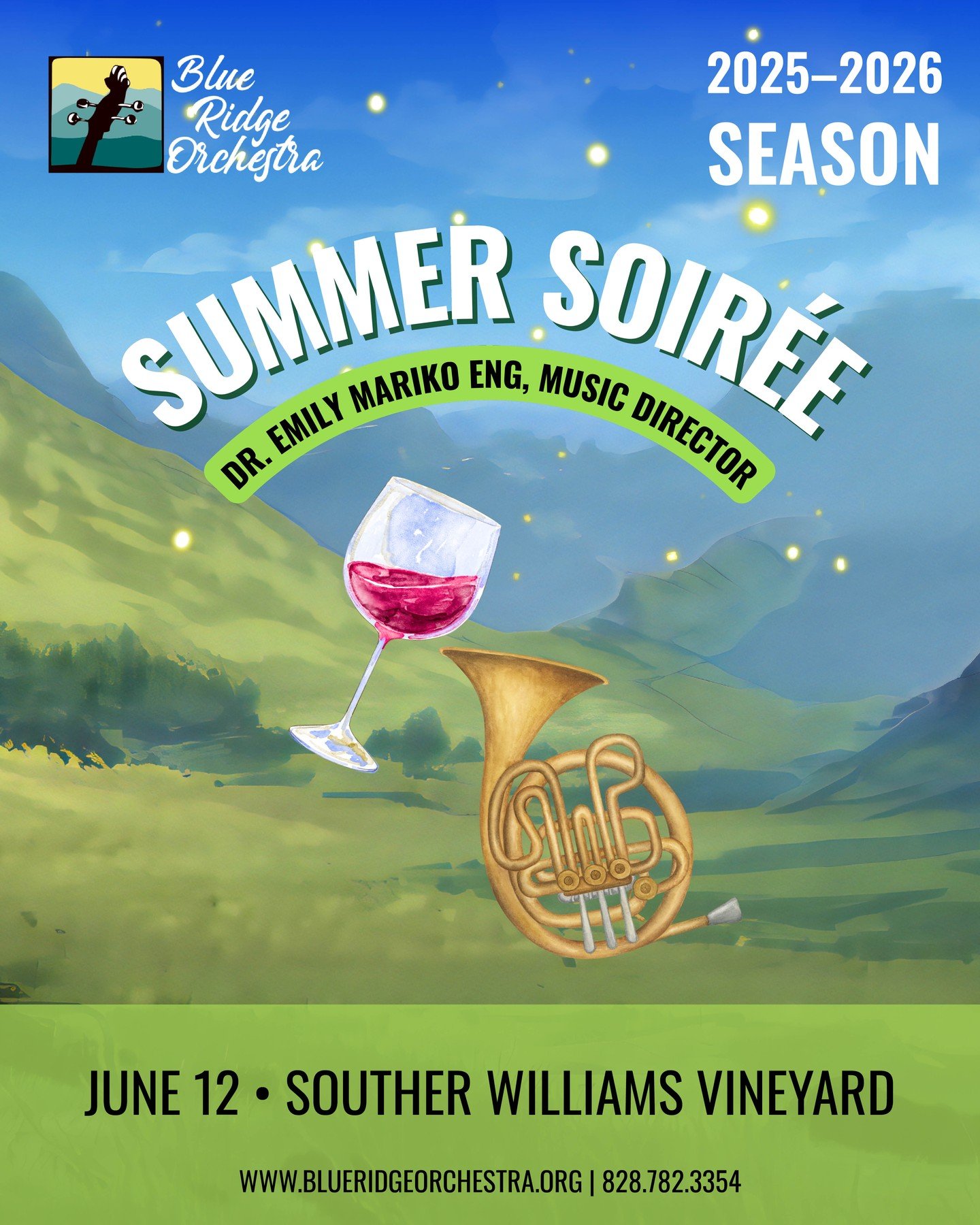 UP NEXT: Summer Soir&eacute;e 🍷 🎺

June 12 at Souther Williams Vineyard @southerwilliamsvineyard

Dr. Emily Mariko Eng, Music Director
Blue Ridge Orchestra&rsquo;s Summer Soir&eacute;e
Friday Evening, June 12th, 2026

Get Tickets 👉 https://secure.