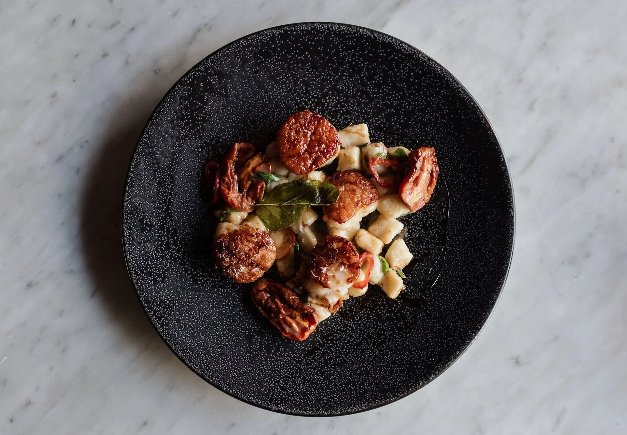 Cast-Iron Seared Jumbo Scallops | slow roasted tomatoes, potato gnocchi, balsamic, beurre monte, fresno peppers
