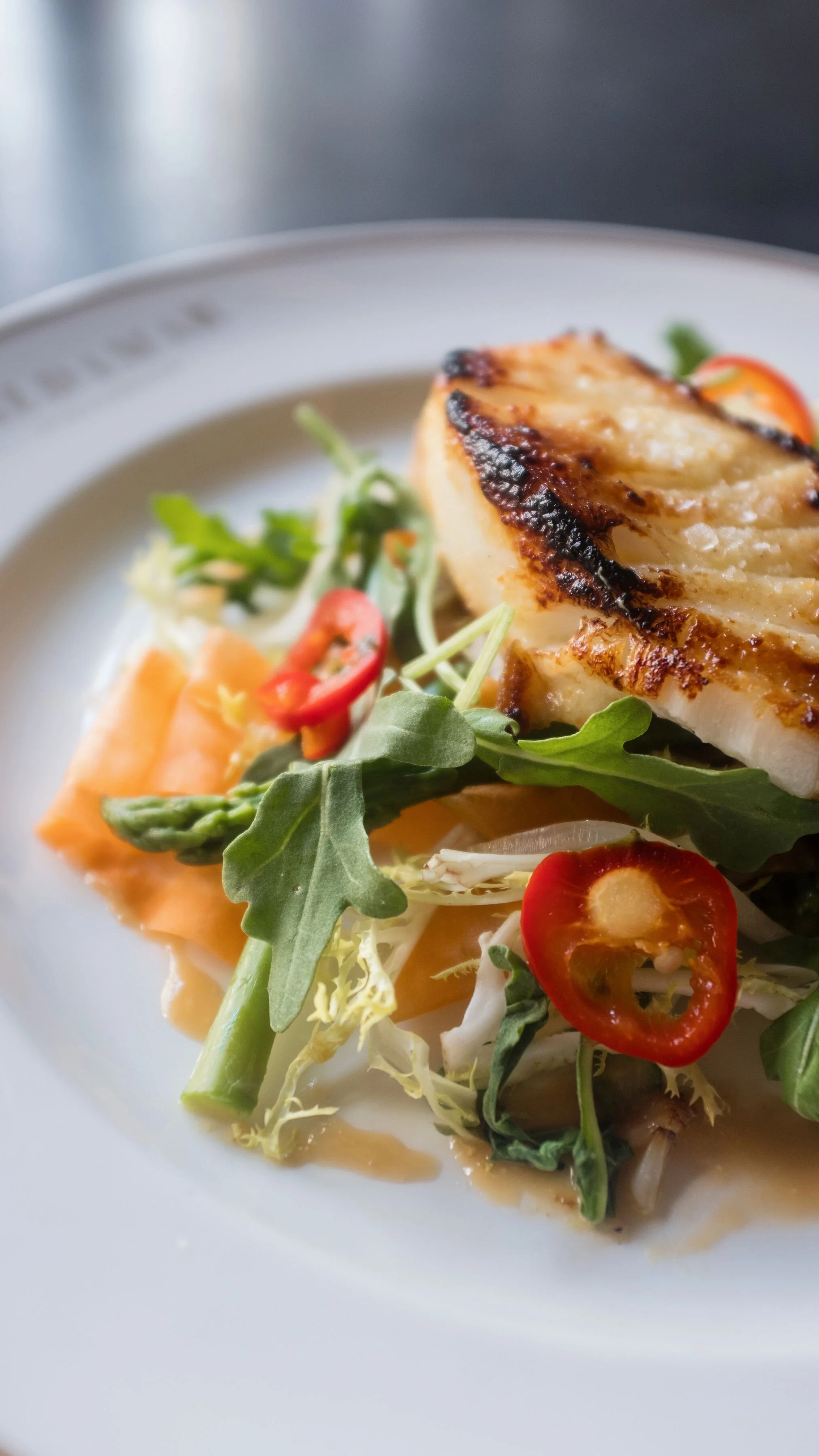 Miso Marinated Seabass | asparagus and mixed greens, yuzu dressing