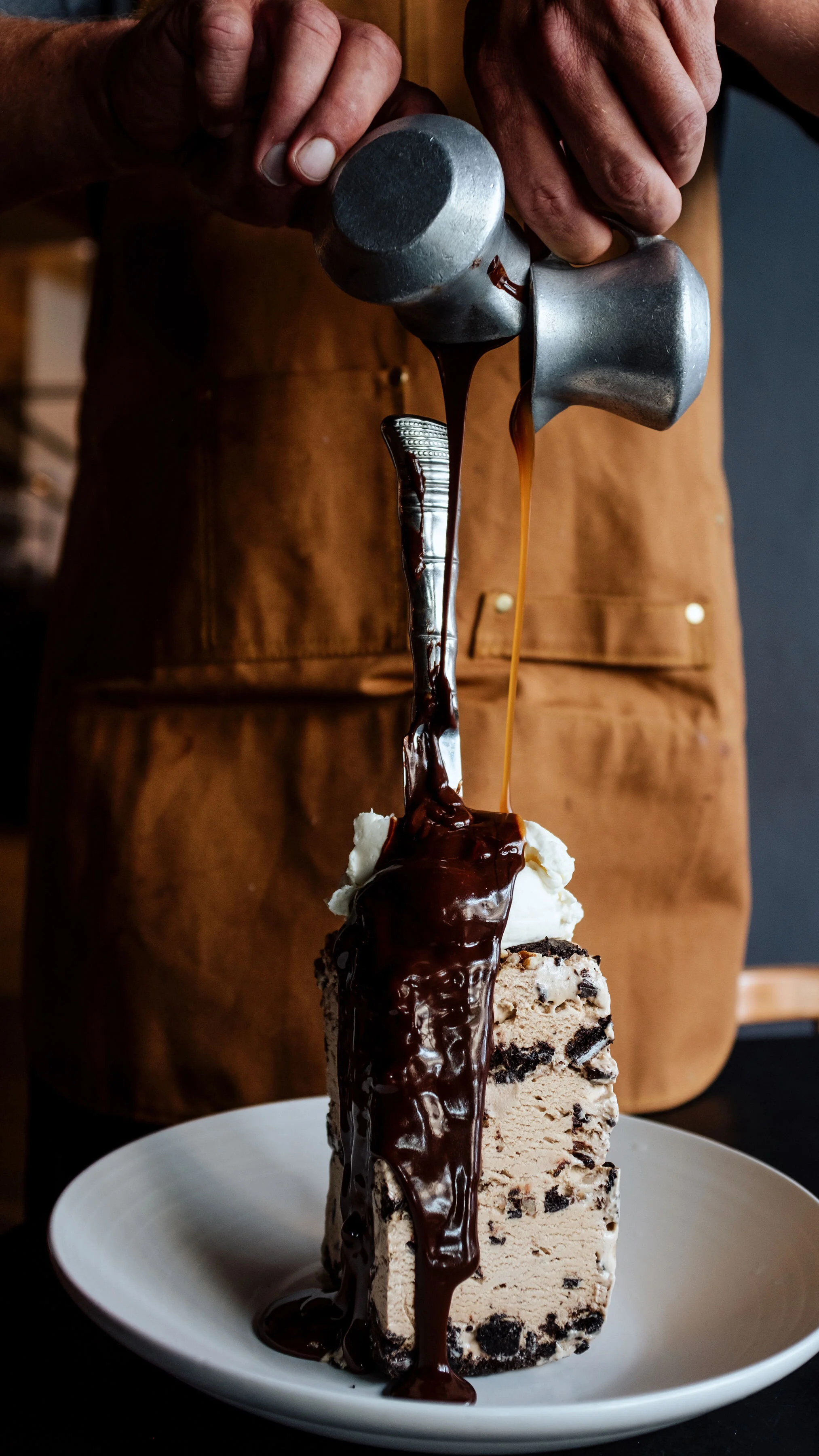 Mocha Mud Pie | Oreo crust, roasted walnuts whipped cream, caramel and hot fudge sauces