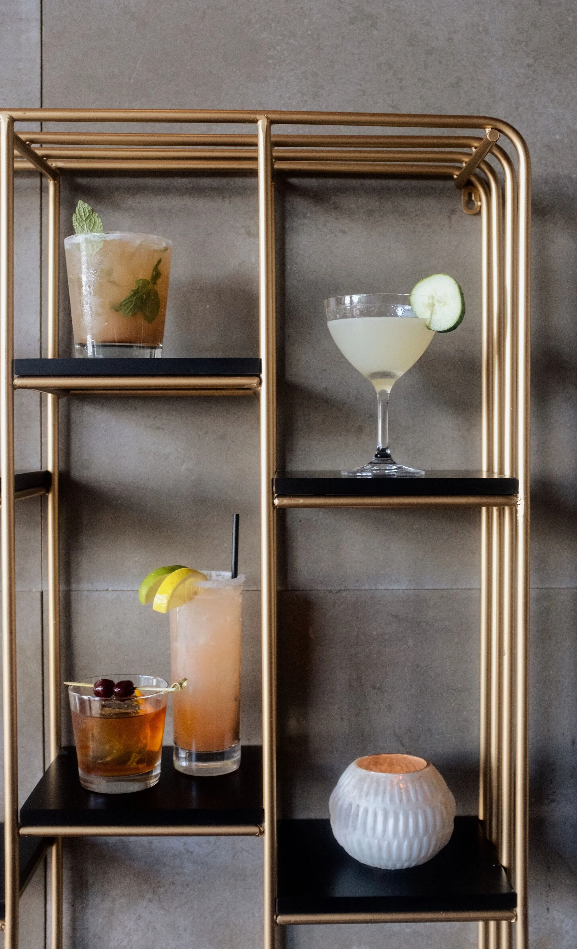 New School Cocktails (from left to right going clockwise) Tequila Old Fashioned, Respect Your Elder, Gunslinger and Forgotten Crusader