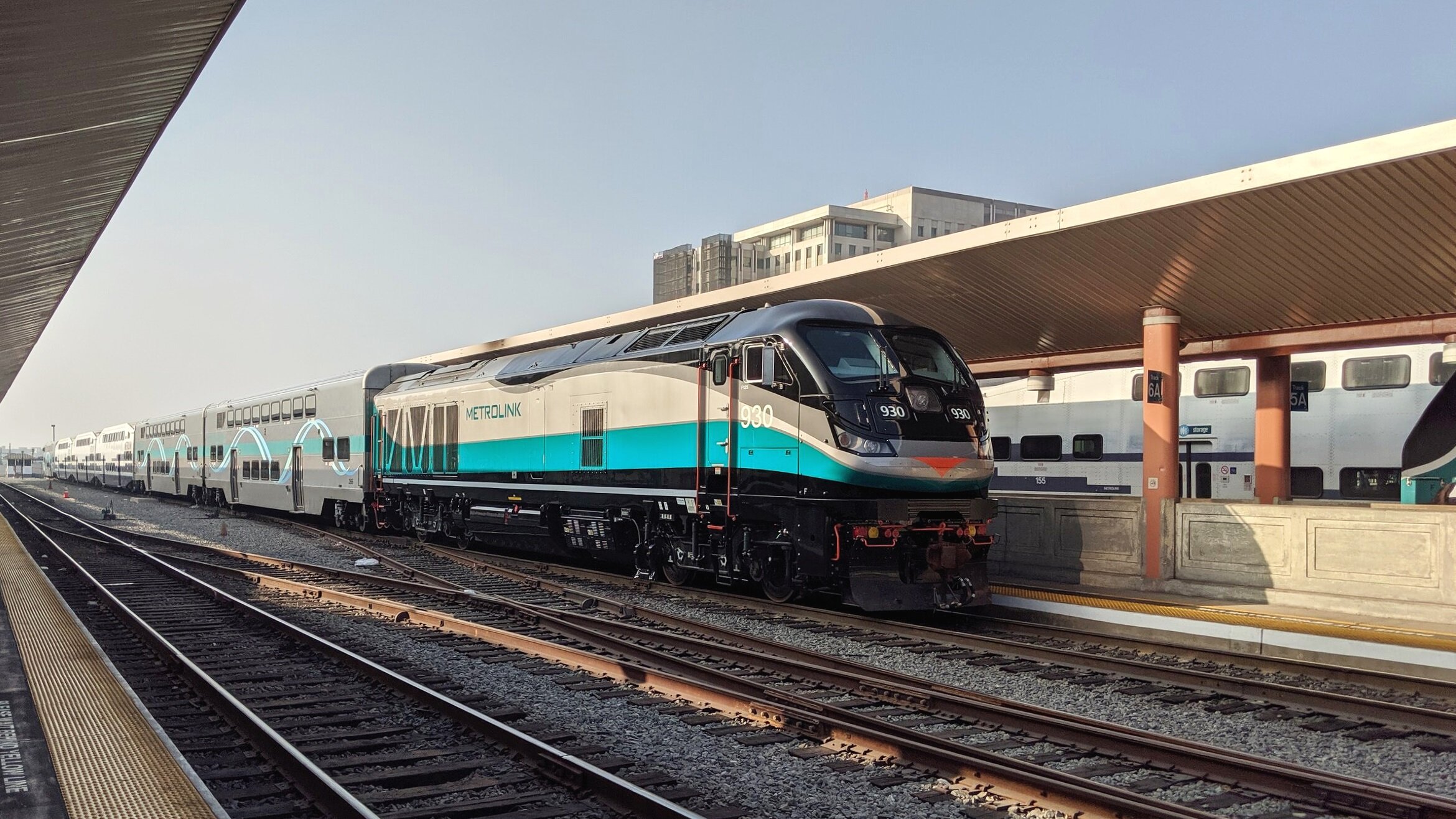  Metrolink trains between runs at Los Angeles Union Station. Photo by Alex Lewis, 2019. 