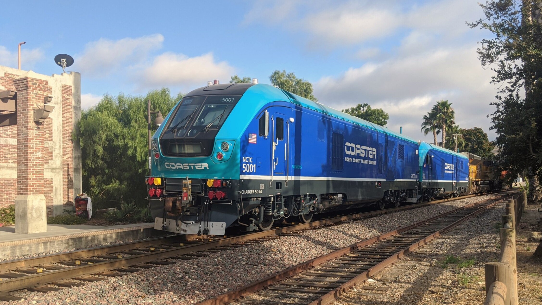  New Siemens SC-44 “Charger” locomotives for Coaster pass through San Juan Capistrano, CA. Photo by Alex Lewis, 2020. 