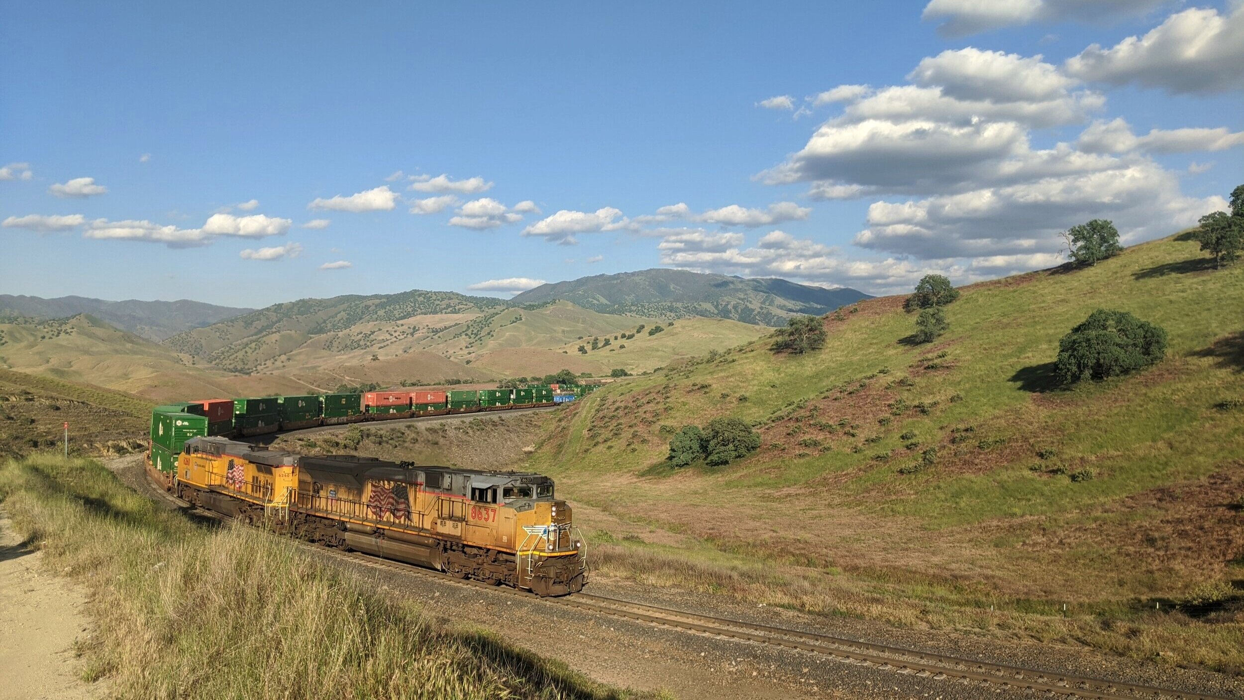 A Union Pacific stack train climbing out of Caliente, CA. Photo by Alex Lewis, 2020. 