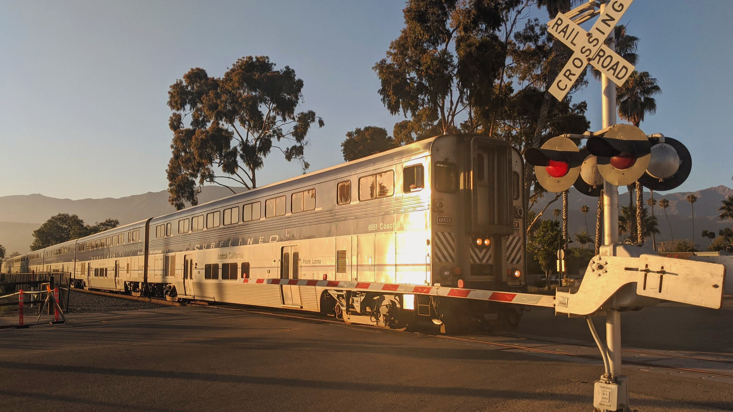  A southbound Amtrak departs Carpinteria, CA, at sunset. Photo by Alex Lewis, 2020. 