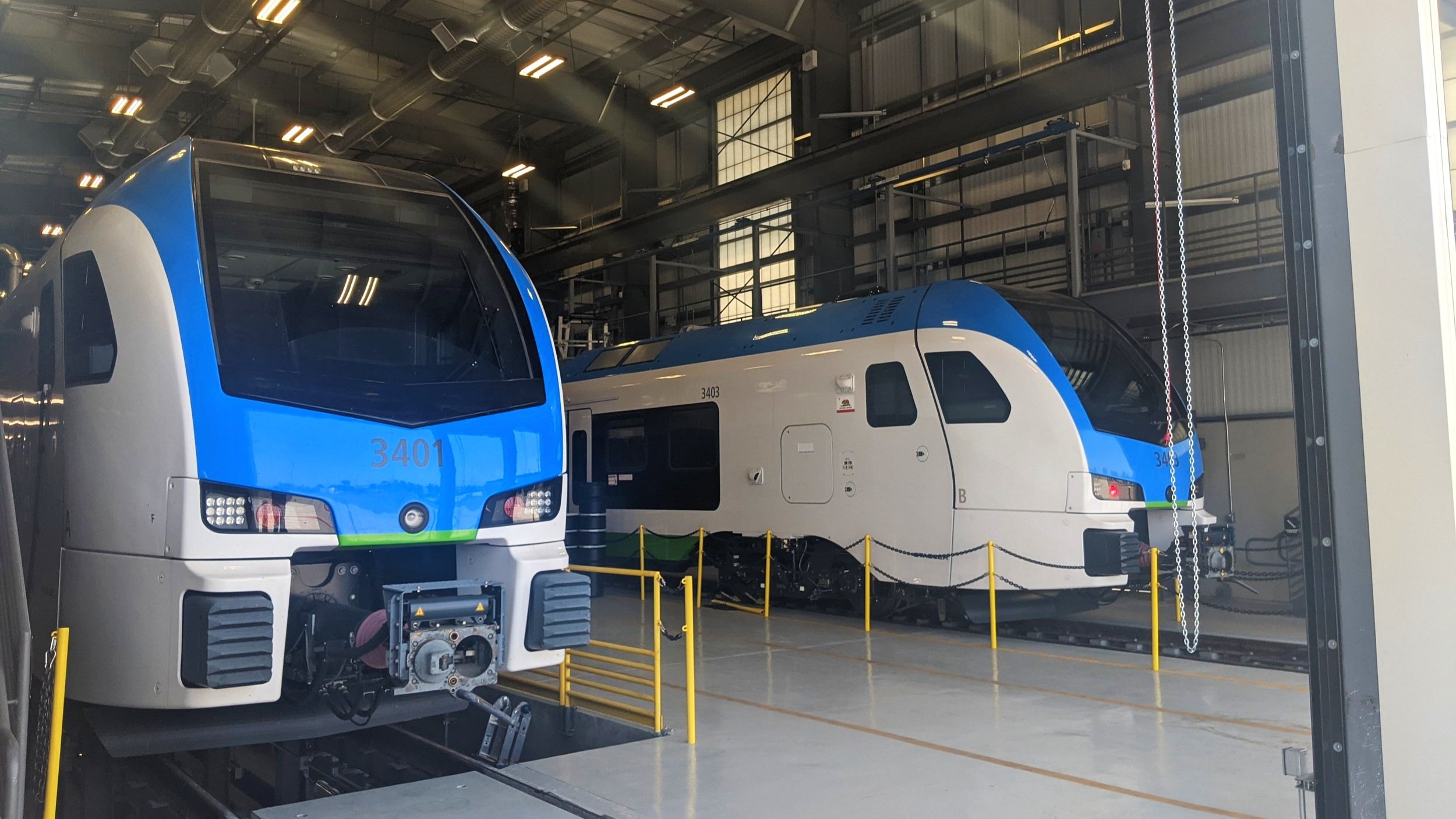  Two of Arrow’s new Stadler GTW 2/6 DMUs at the maintenance facility in San Bernardino, CA. Photo by Alex Lewis, 2022. 