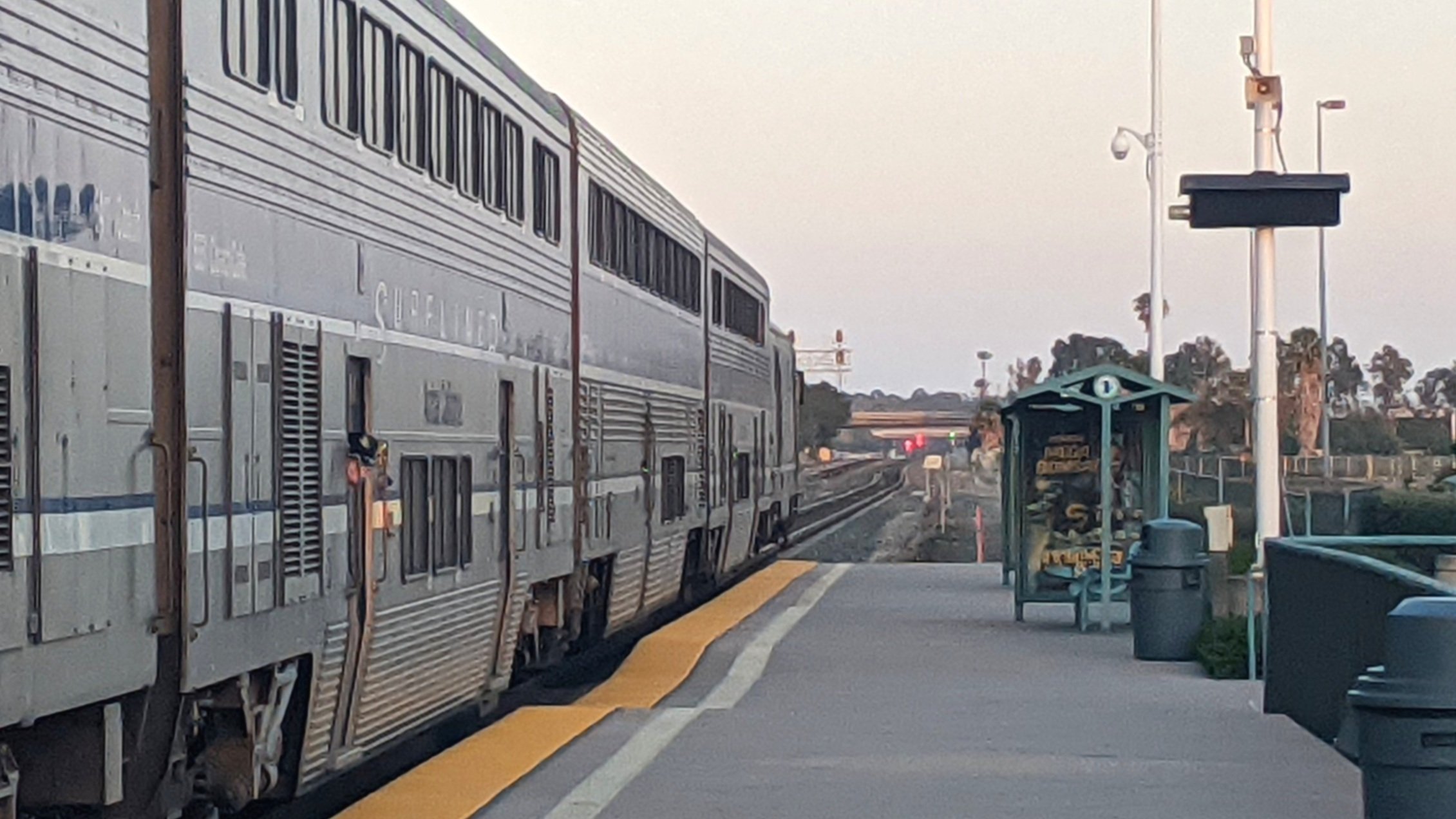  An evening Surfliner prepares to depart Irvine, CA. Photo by Alex Lewis, 2022.  