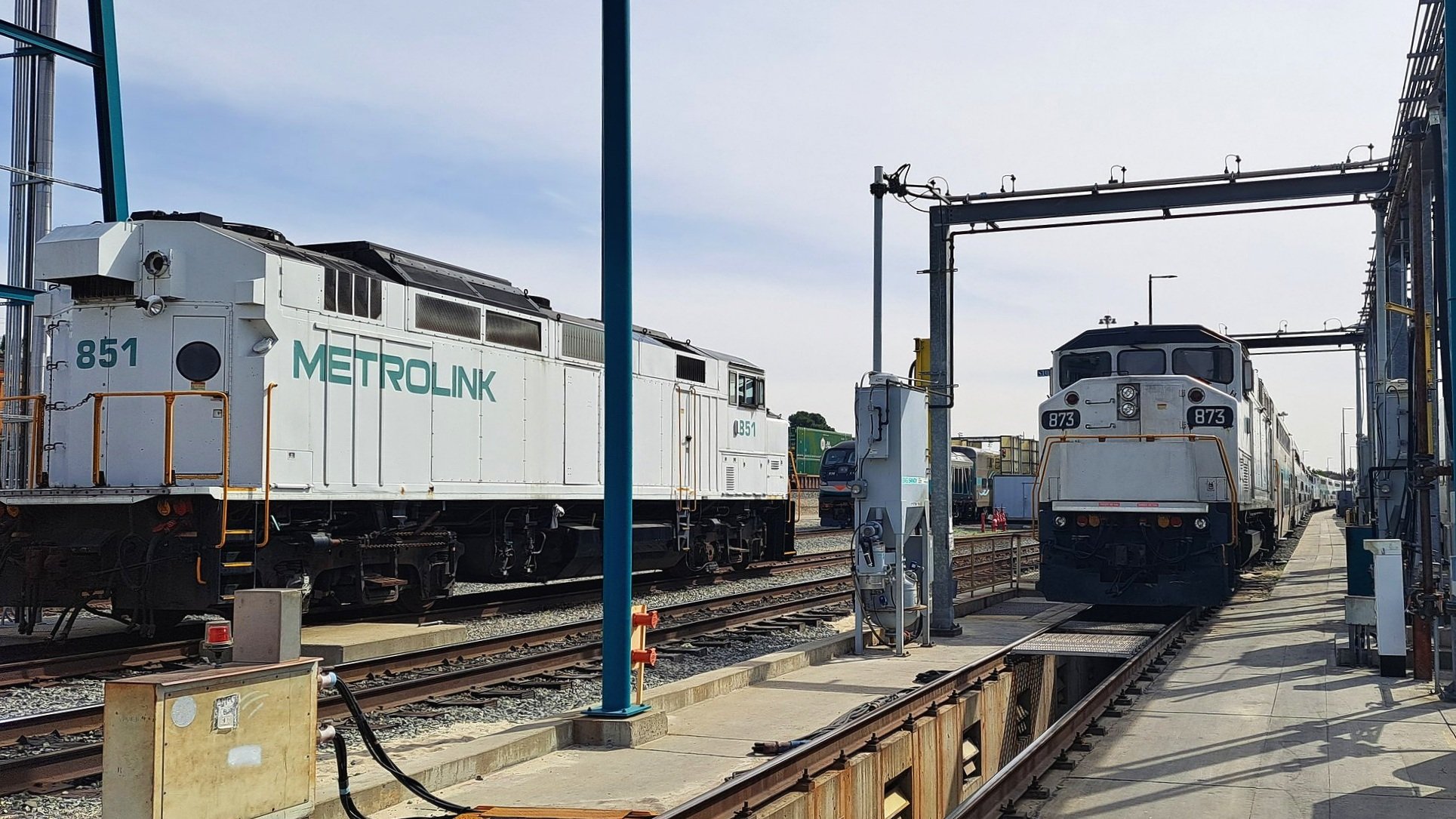  The first and last Metrolink F59PH-class locomotives stand idle in Metrolink’s Central Maintenance Facility, still running after 30 years and a midlife overhaul. (Alex Lewis, 2022) 