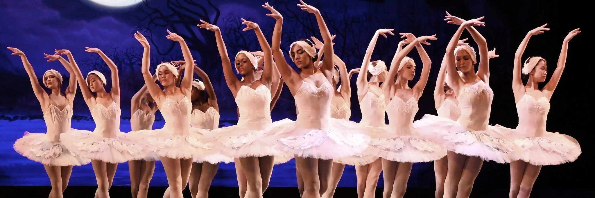 Dancers onstage performing Swan Lake in costume.