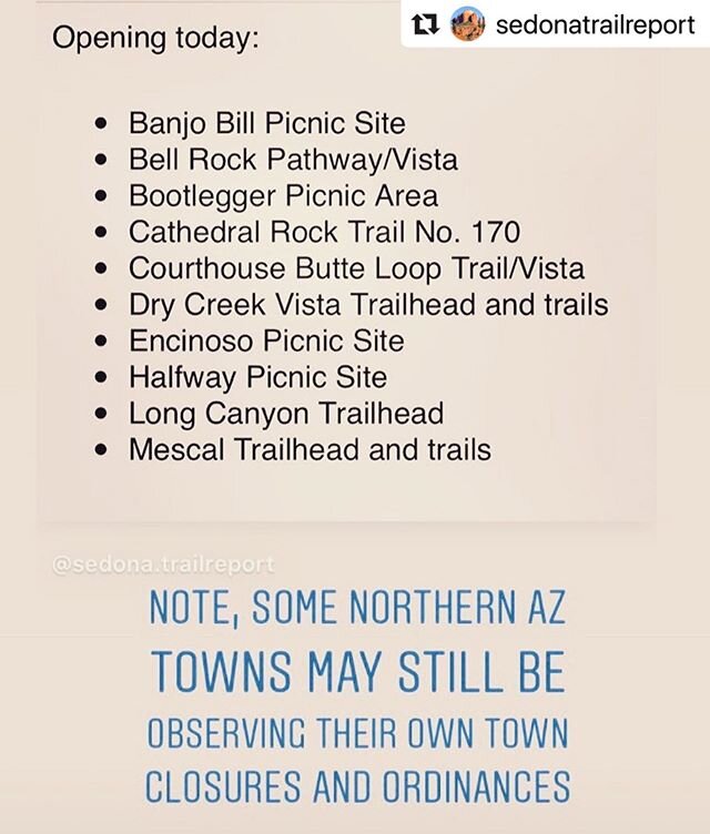 #Repost @sedonatrailreport with @make_repost
・・・
Sedona trail heads now accessible. 
Note, some northern Arizona towns may observe their own ordinances or have extended their travel limitations.