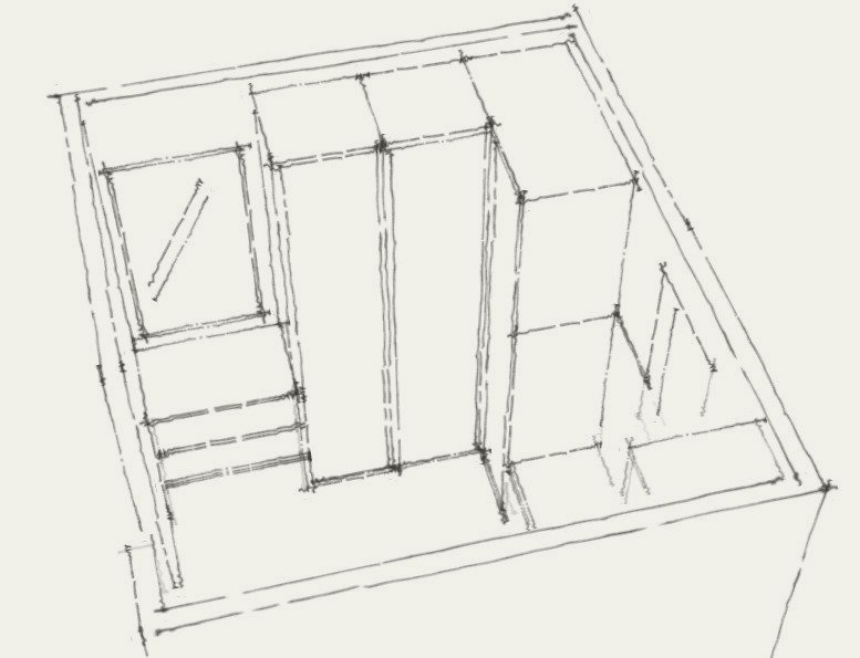 Sketch of a room layout with windows, shelves, and partitioned areas.