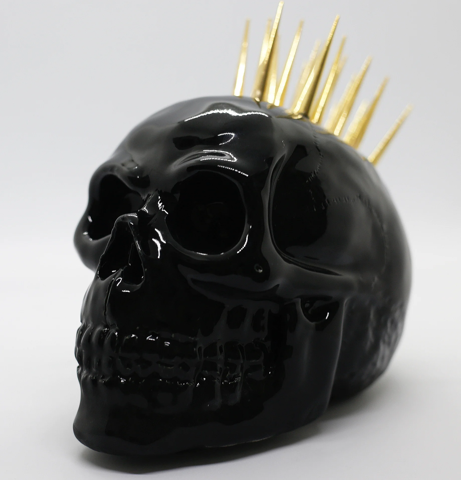 Black Glazed Skull w/ 24K Gold Spikes