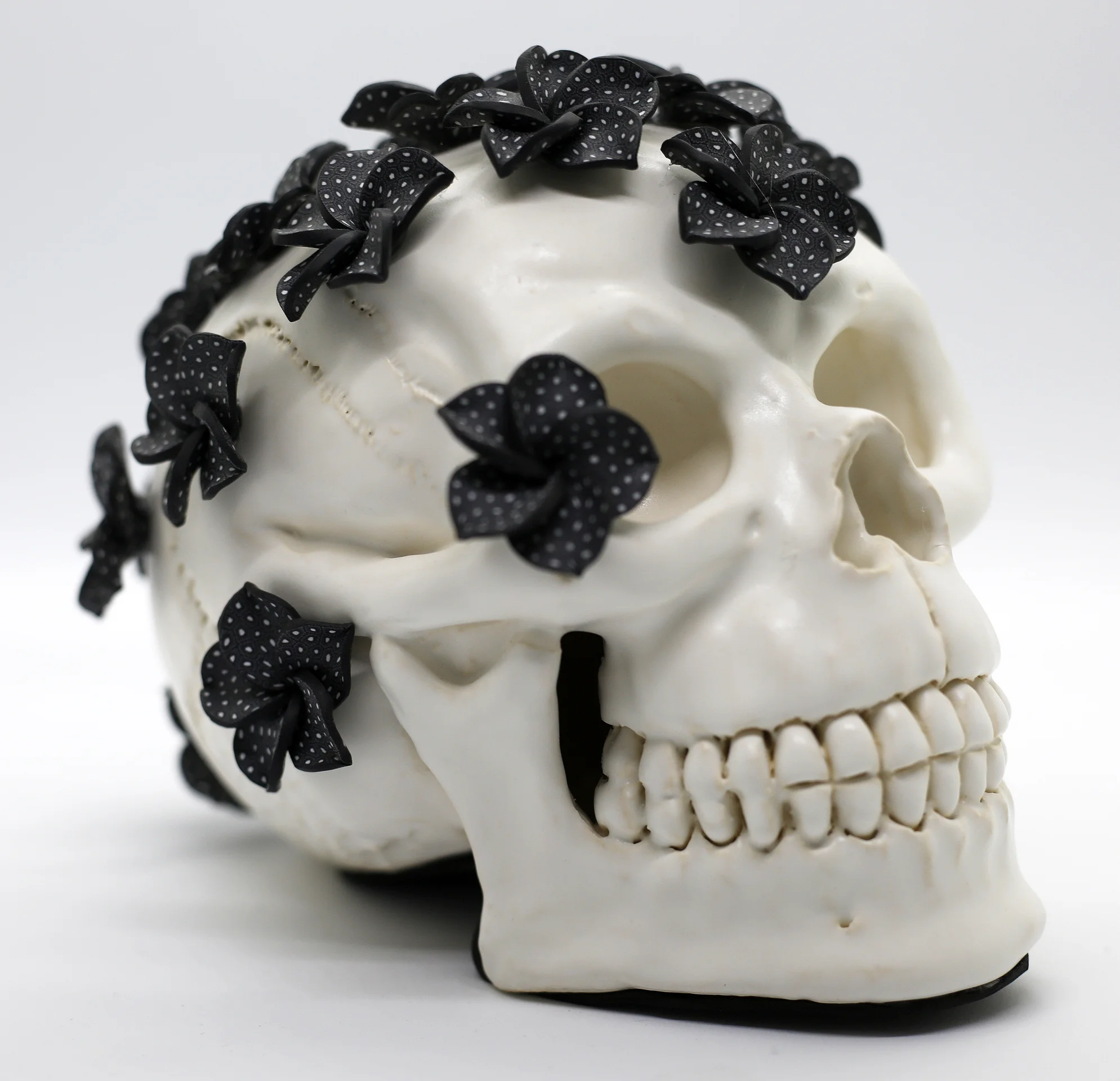 White Glaze Skull w/ Black Flowers