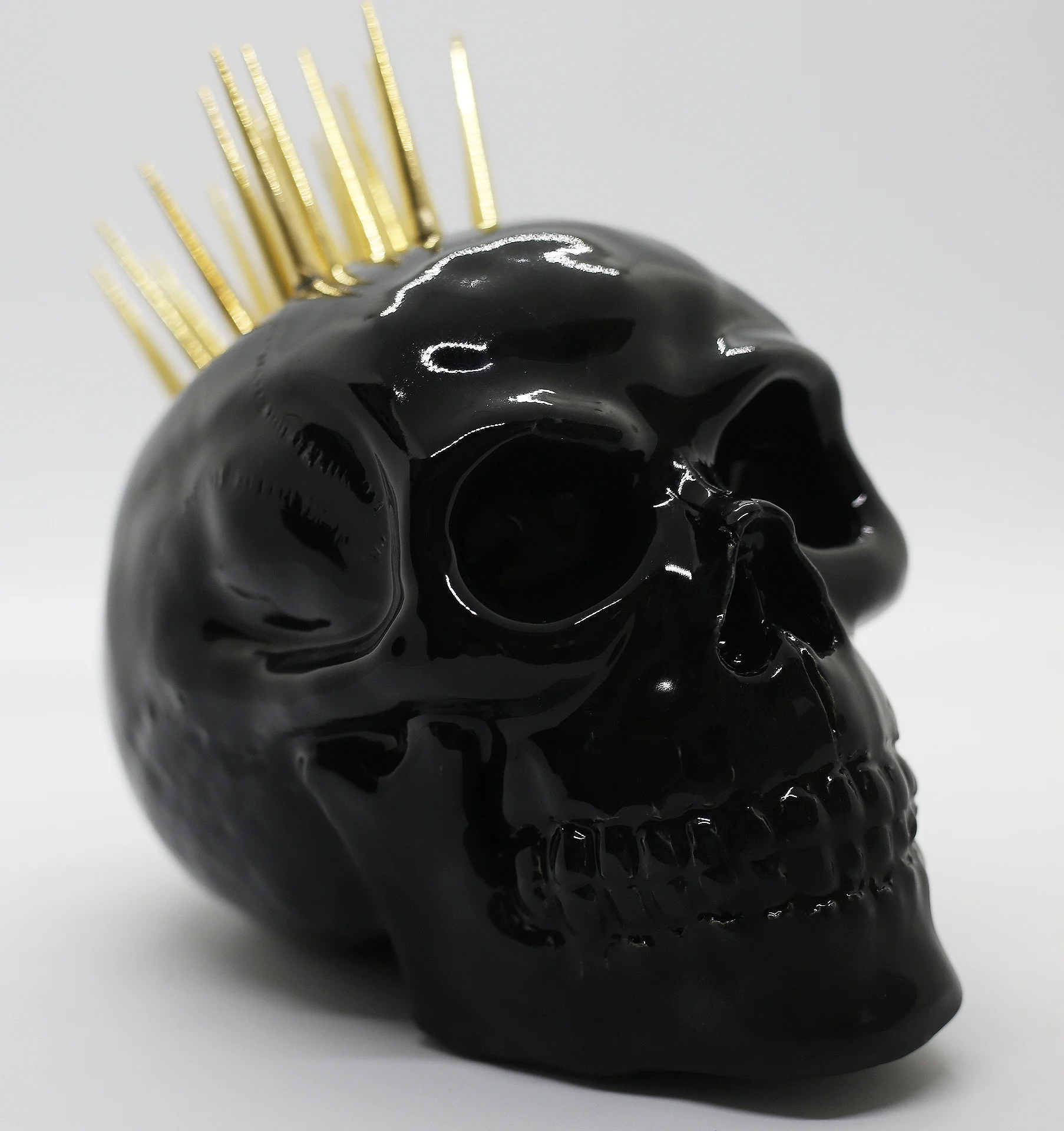 Black Glazed Skull w/ Tall 24K Gold Spikes