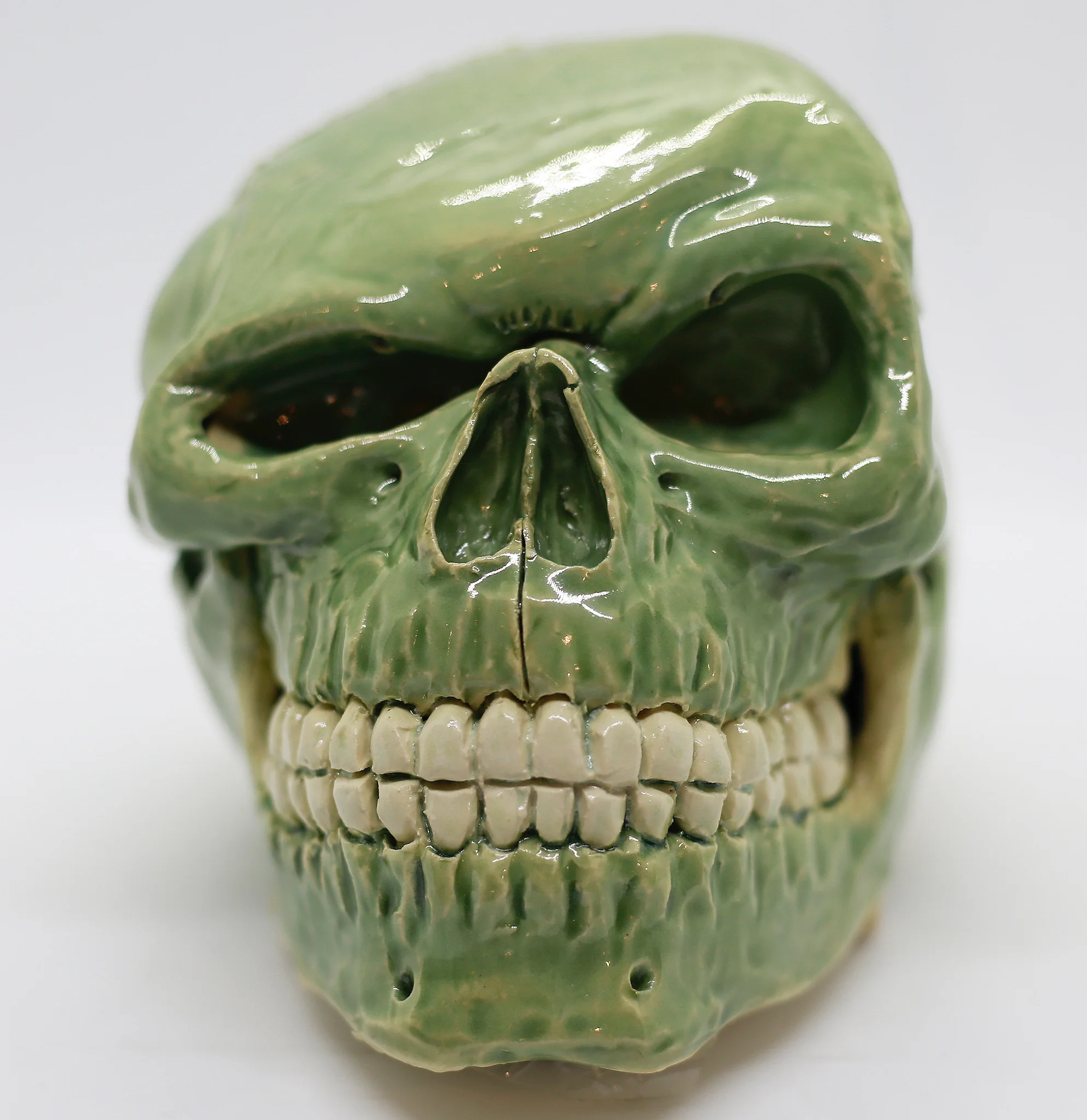 Green Glazed Skull w/ Smashed Head