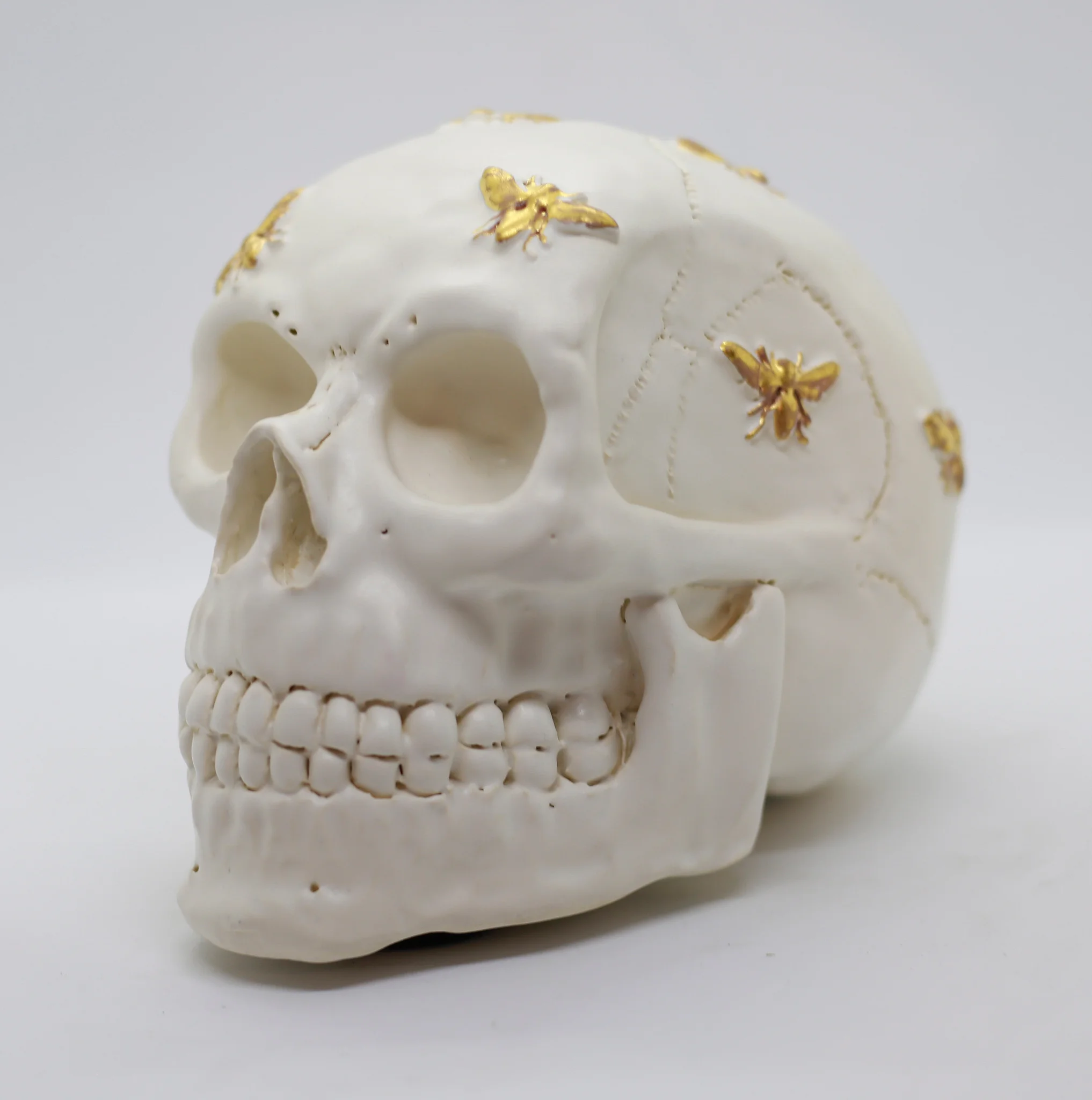 White Glaze Skull w/ 24K Gold Bees