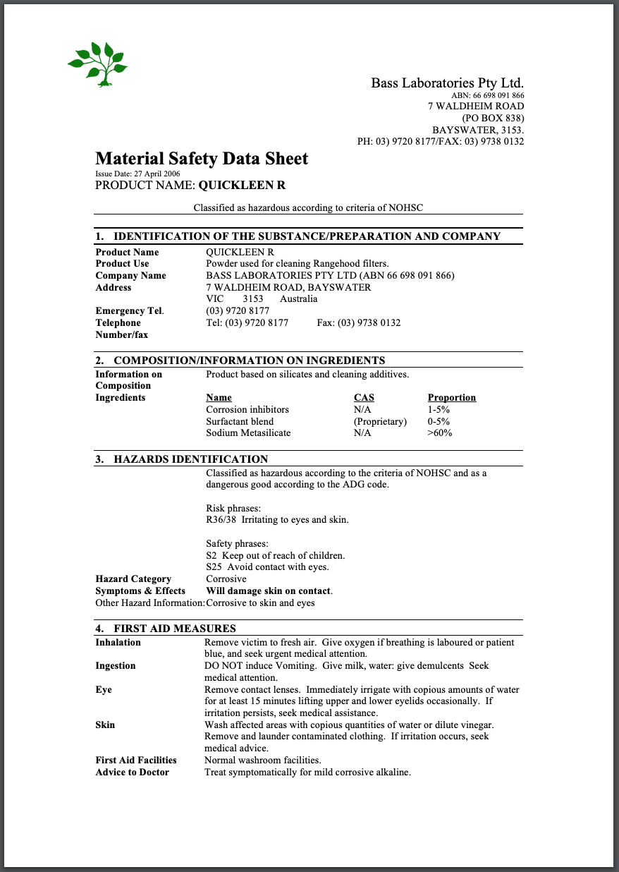 Quickleen-R MSDS pg 1