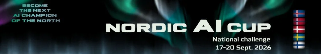 Nordic AI Cup banner with the flags of the Nordics and northern lights on the background