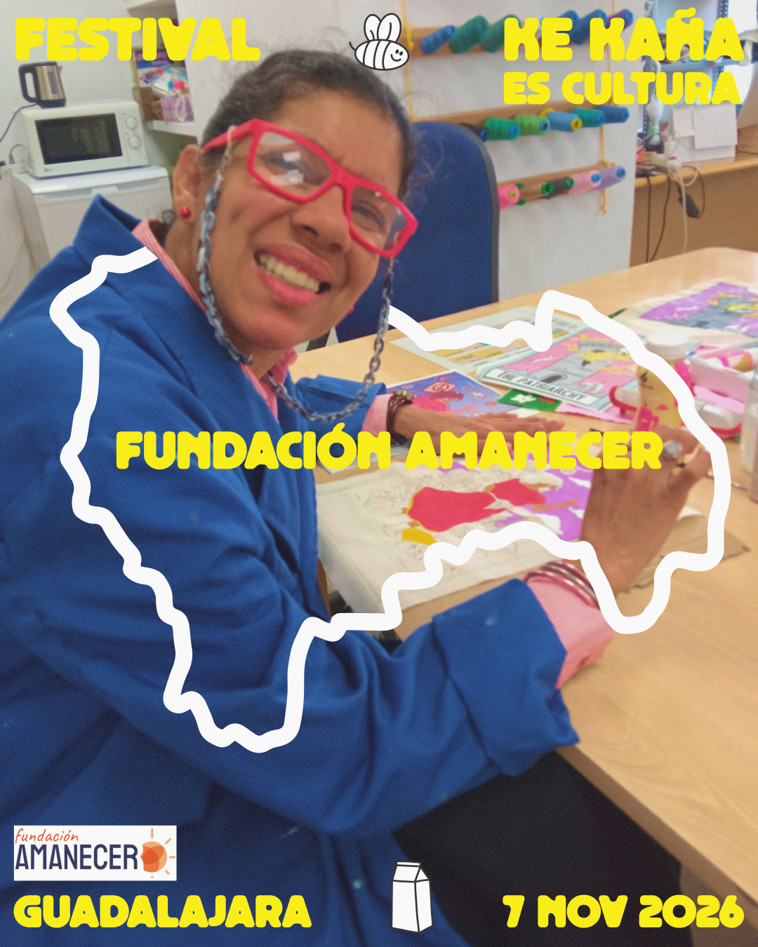 Persona y Logotipo oficial de la Fundación Amanecer, creadores de la exposición colectiva Textiles de Igualdad.