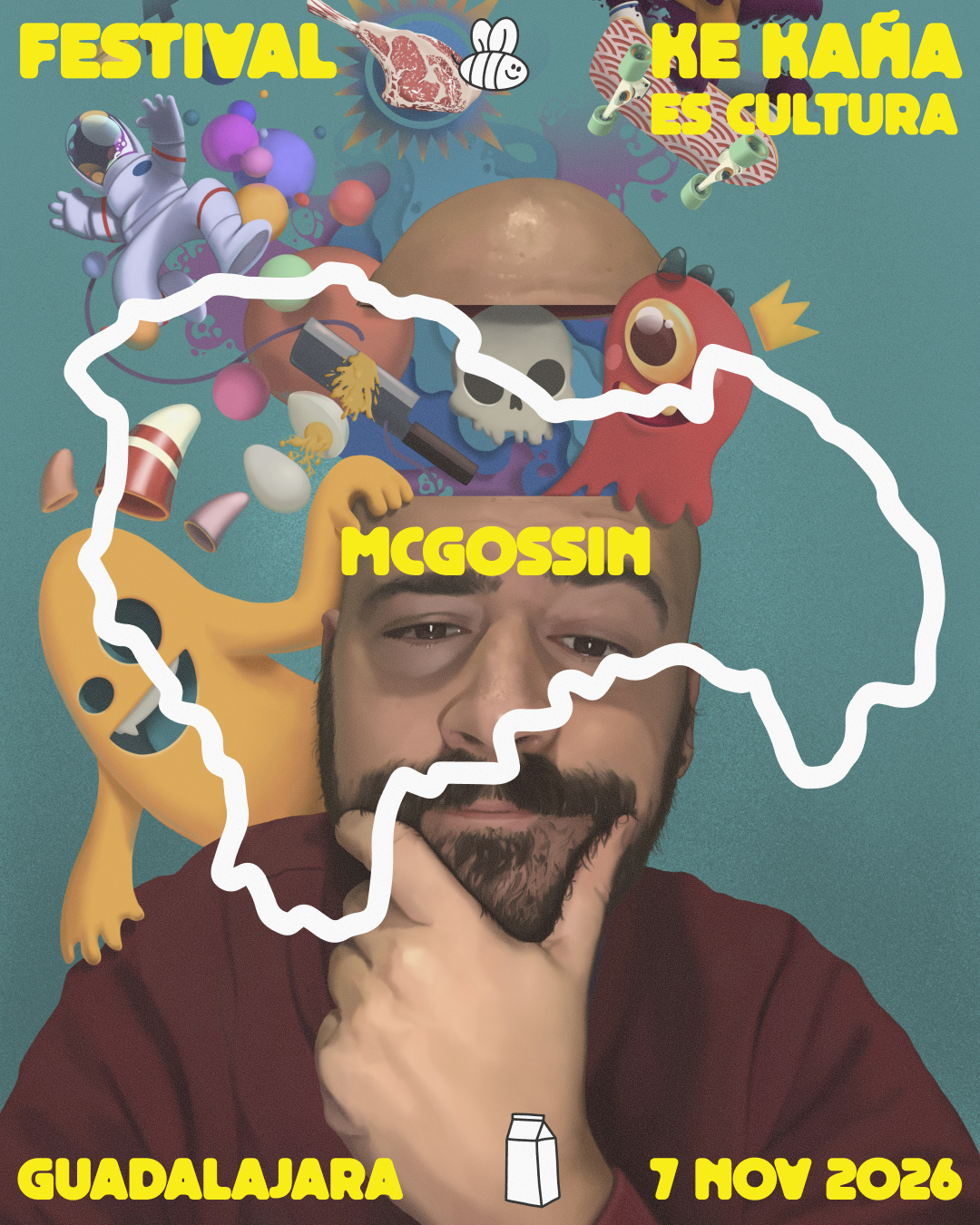 Autorretrato ilustrado del artista McGossin con elementos creativos, coloridos y surrealistas saliendo de su cabeza.