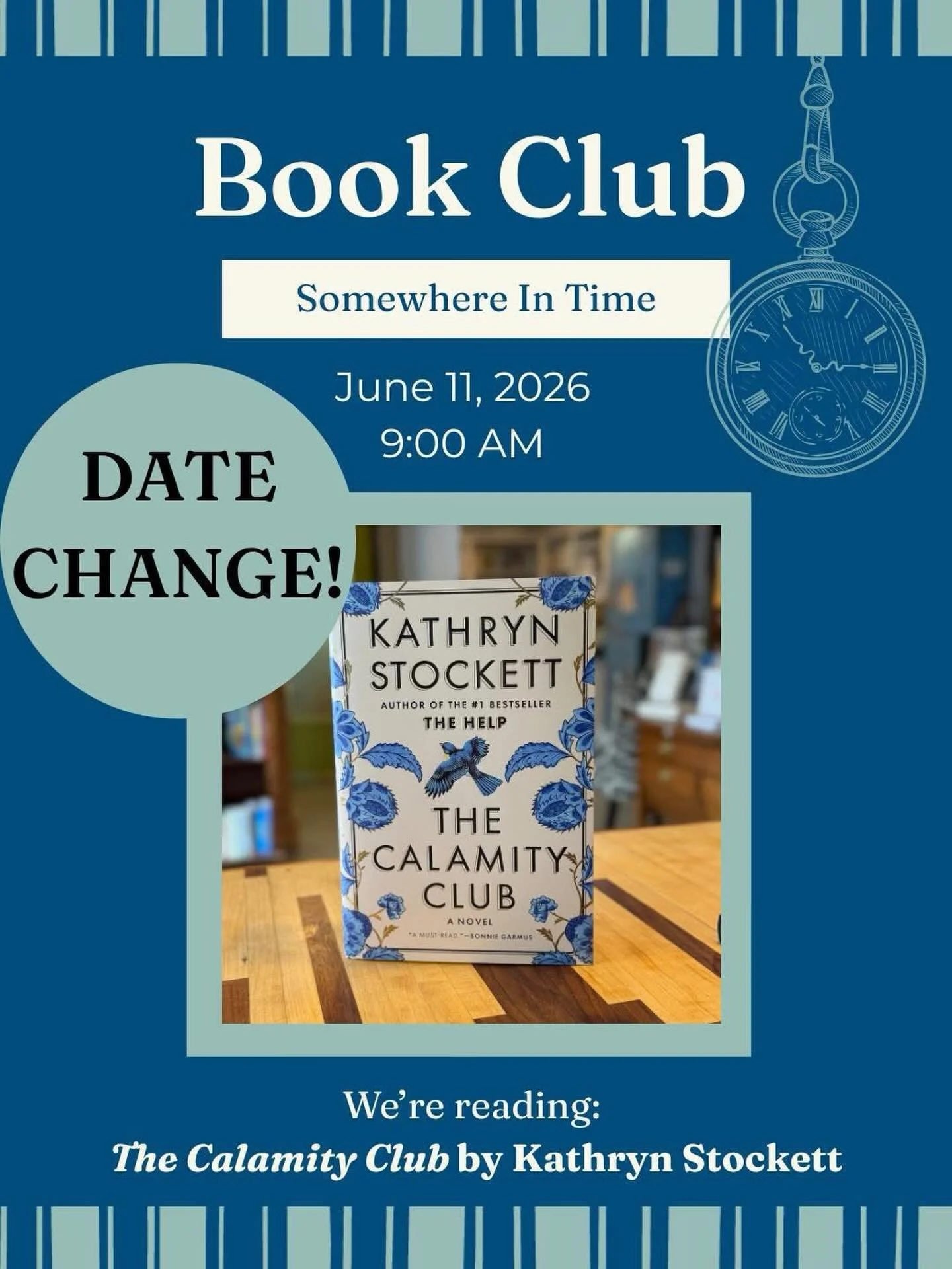 DATE CHANGE!!! Due to a scheduling conflict, our discussion of Kathryn Stockett&rsquo;s novel, The Calamity Club will now be on Thursday, June 11th. We sincerely apologize for the change, and any inconvenience it causes. If you would like to join us 
