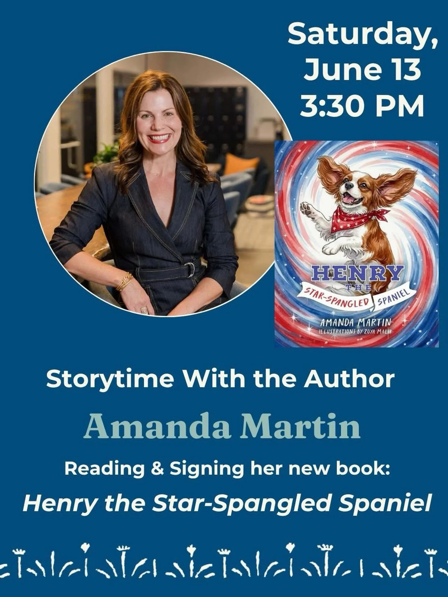 We are excited to welcome author Amanda Martin to the shop this Saturday, June 13th for a special Storytime with the Author event featuring her book Henry the Star-Spangled Spaniel. A charming picture book featuring a curious and courageous Spaniel w