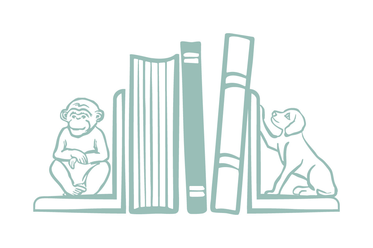 Illustration of a monkey and a dog sitting beside bookshelves with books.
