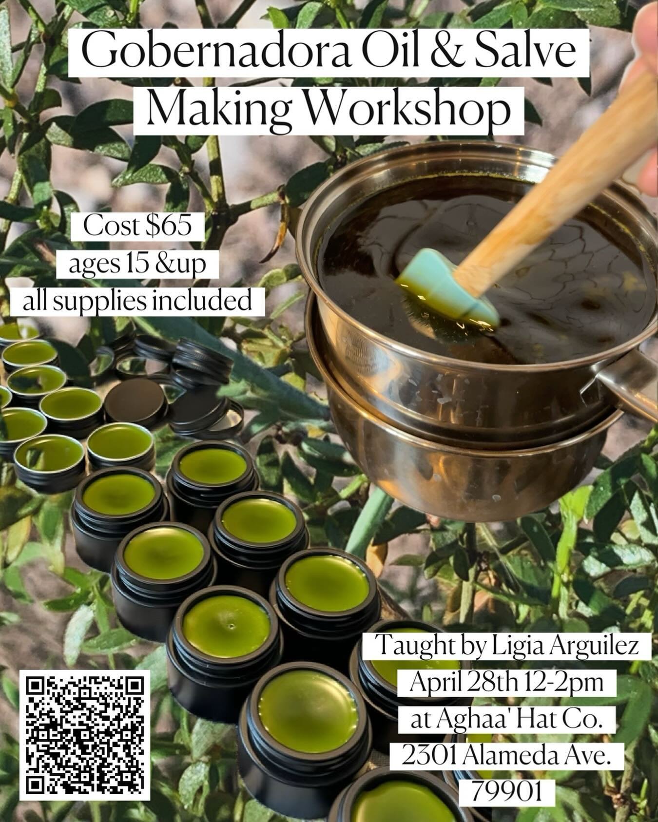Hi all! The Gobernadora Salve &amp; Oil workshop is back. It sold out quickly the last time, so don&rsquo;t miss out on this one. Learn about the benefits of this amazing plant! 
➕Taught by Ligia Arguilez @ligiaatzimba 
➕Link in bio for info and sign