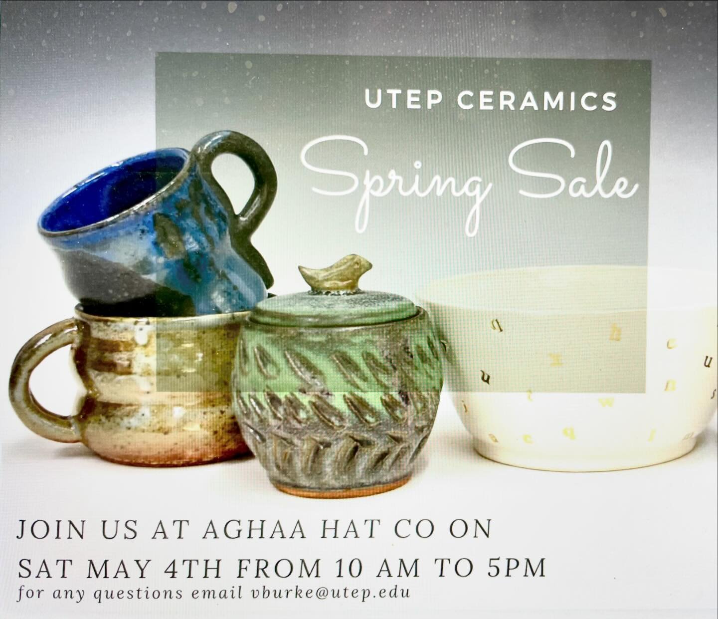 Excited to announce that Aghaa' Hat Co. has invited the @utep_ceramics student work Spring sale! 
Mark your calendars!! 
May 4th 10am-5pm. 
Location 2301 Alameda Ave 👈🏽
We are so proud of our ceramics students at UTEP! Don&rsquo;t miss this opportu