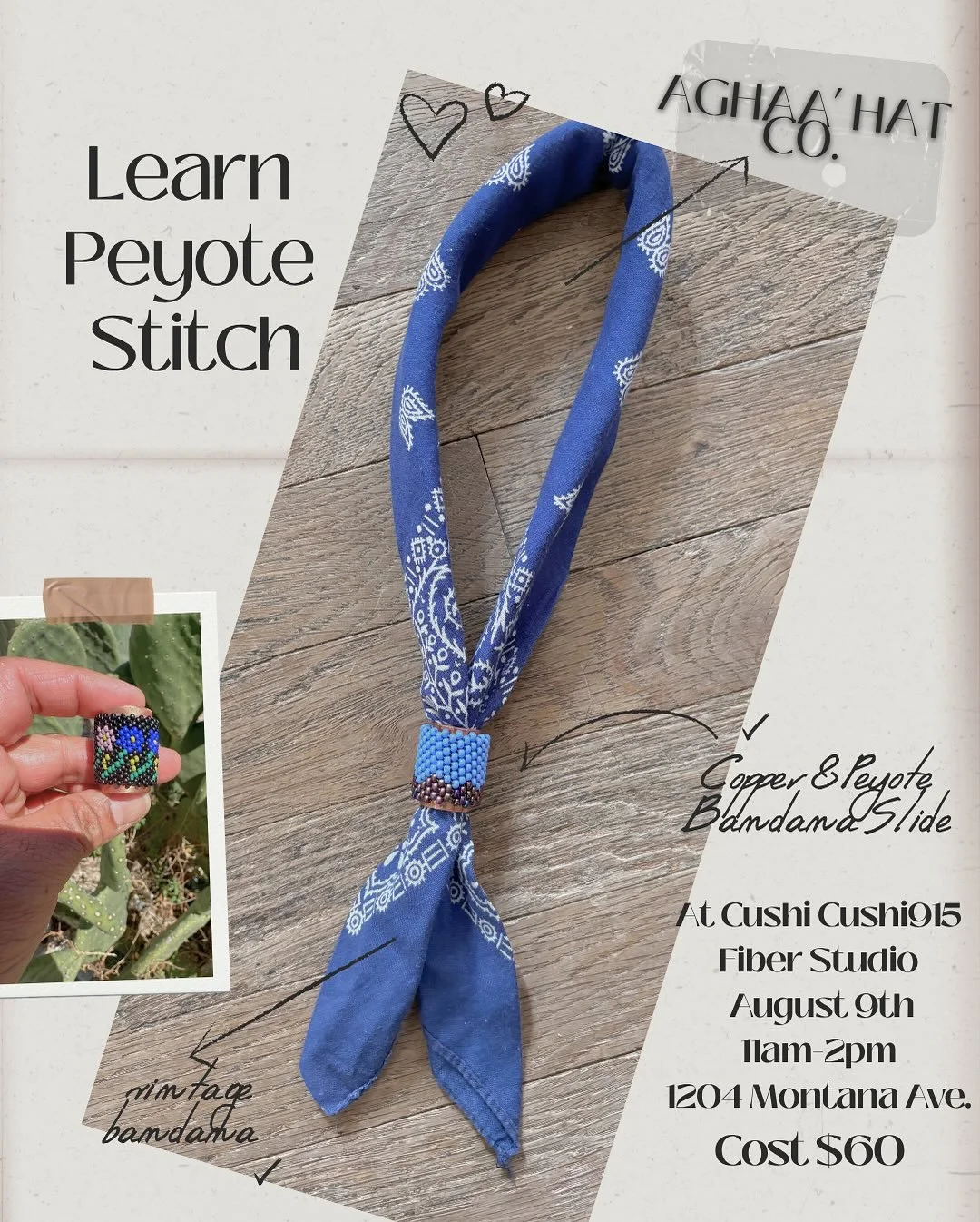 I&rsquo;m super excited to teach this New Workshop, Learn Peyote Stitch! 
In this workshop you will learn Tubular Peyote Stitch: Make your own Bandana Slide. Tubular peyote stitch is worked in the round adding one bead at a time. 
If you love beads a