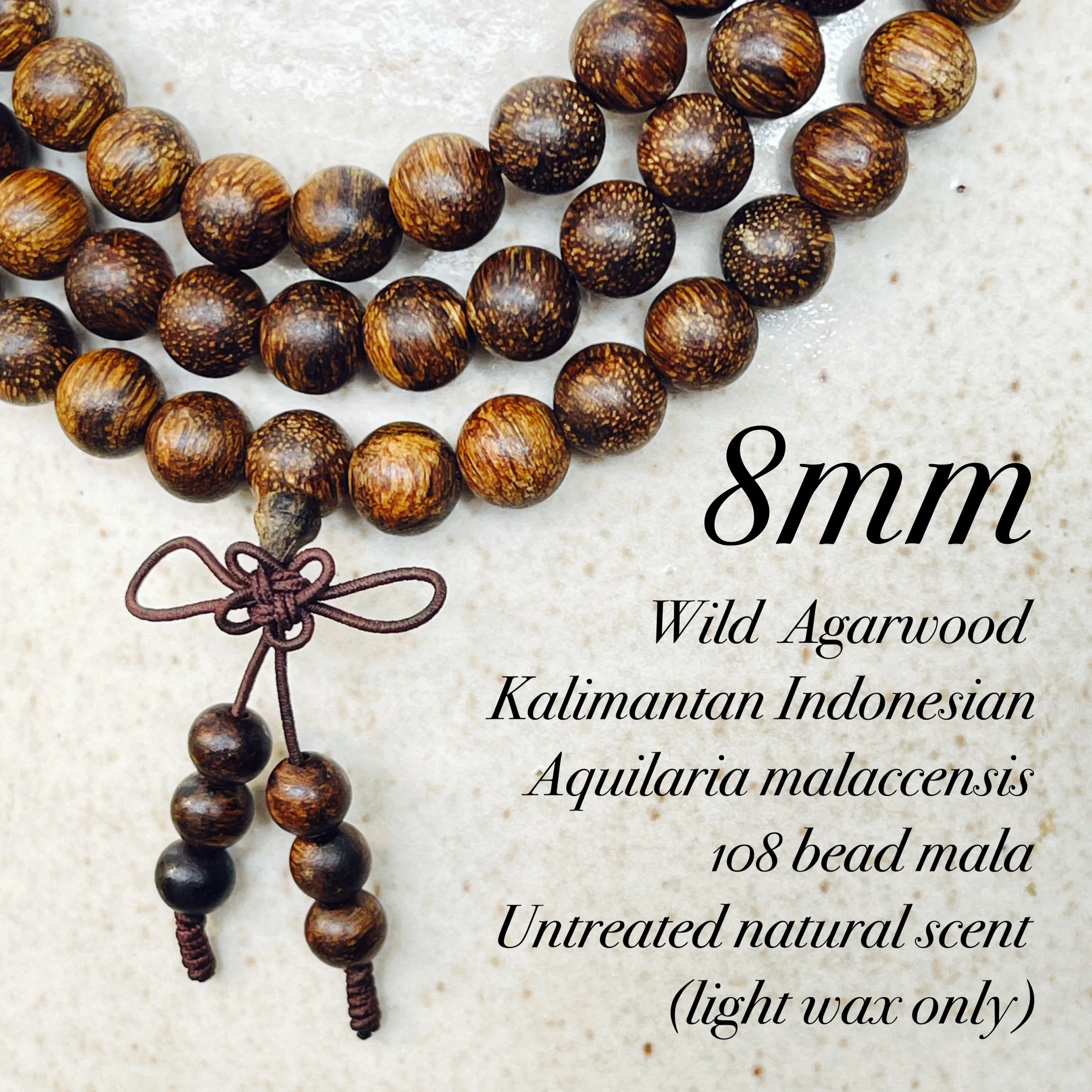 8mm Indonesia Agarwood Mala 26.5 grams • 108 beads Wild Aquilaria malaccensis • Kalimantan Indonesia