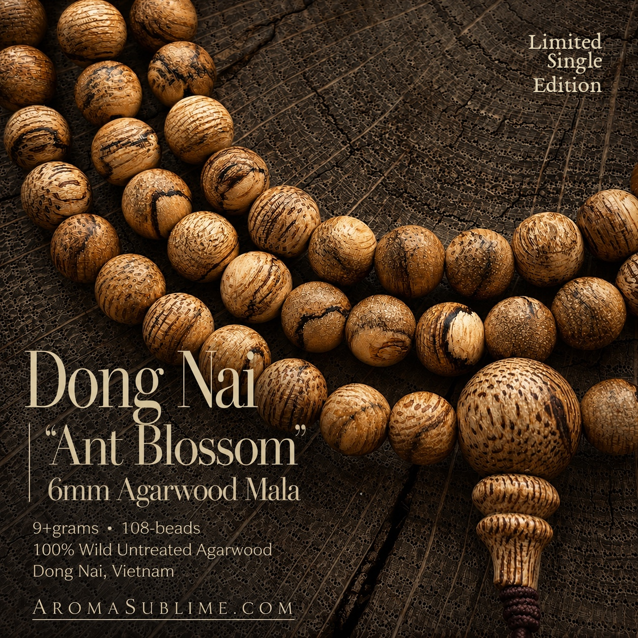 Dong Nai “Ant Blossom” 6mm 9+grams Agarwood Mala • 108-beads 100% Wild Untreated Agarwood • Dong Nai, Vietnam
