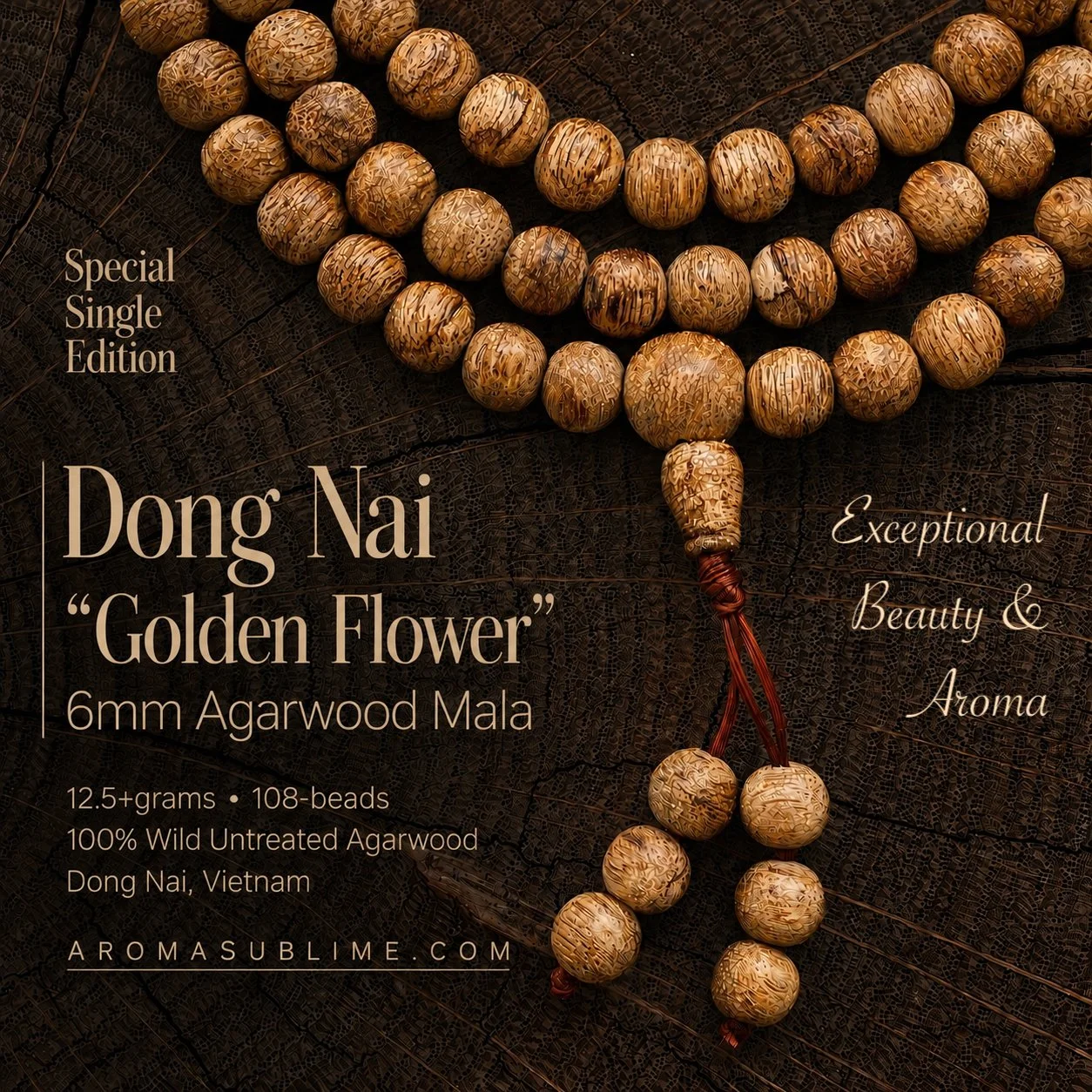 Dong Nai “Golden Flower” 6mm 12.5+grams Classic Agarwood Mala • 108-beads 100% Wild Untreated Agarwood • Dong Nai, Vietnam