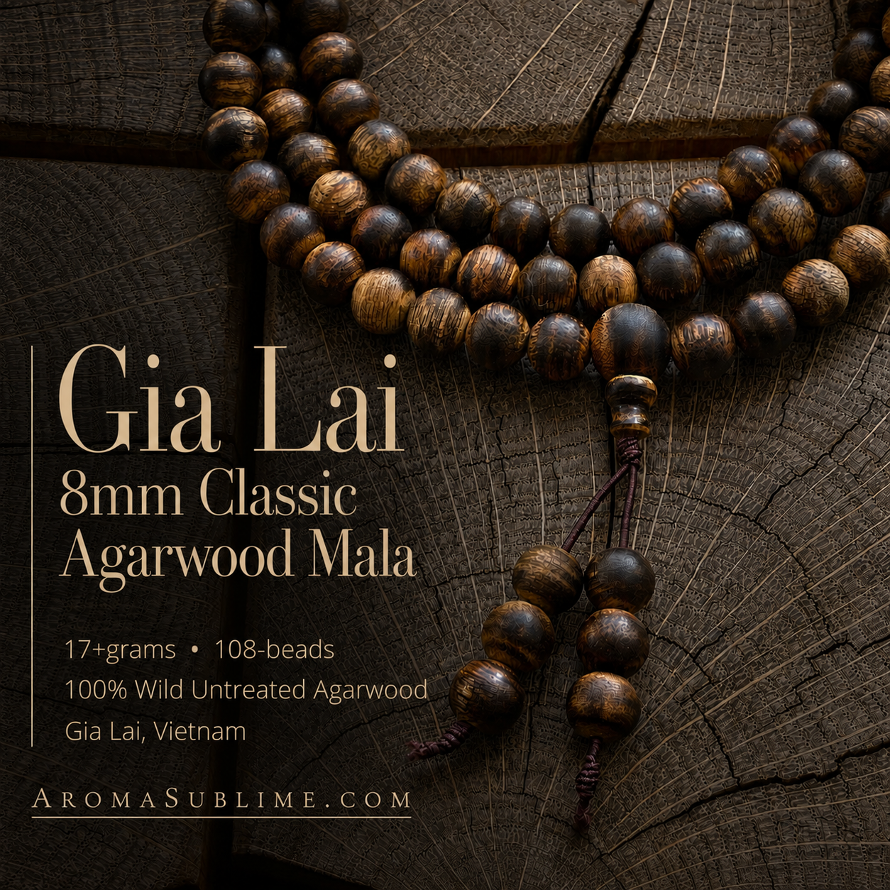Gia Lai 8mm 17+grams Classic Agarwood Mala • 108-beads 100% Wild Untreated Agarwood • Gia Lai, Vietnam