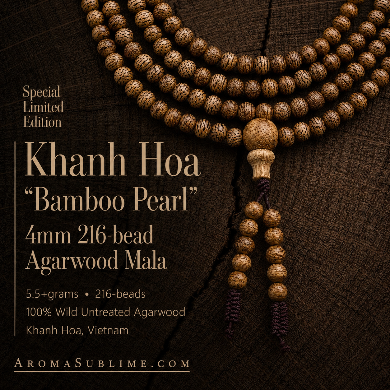 Khanh Hoa “Bamboo Pearl” 4mm 5.5+grams Classic Agarwood Mala • 216-beads 100% Wild Untreated Agarwood • Khanh Hoa, Vietnam