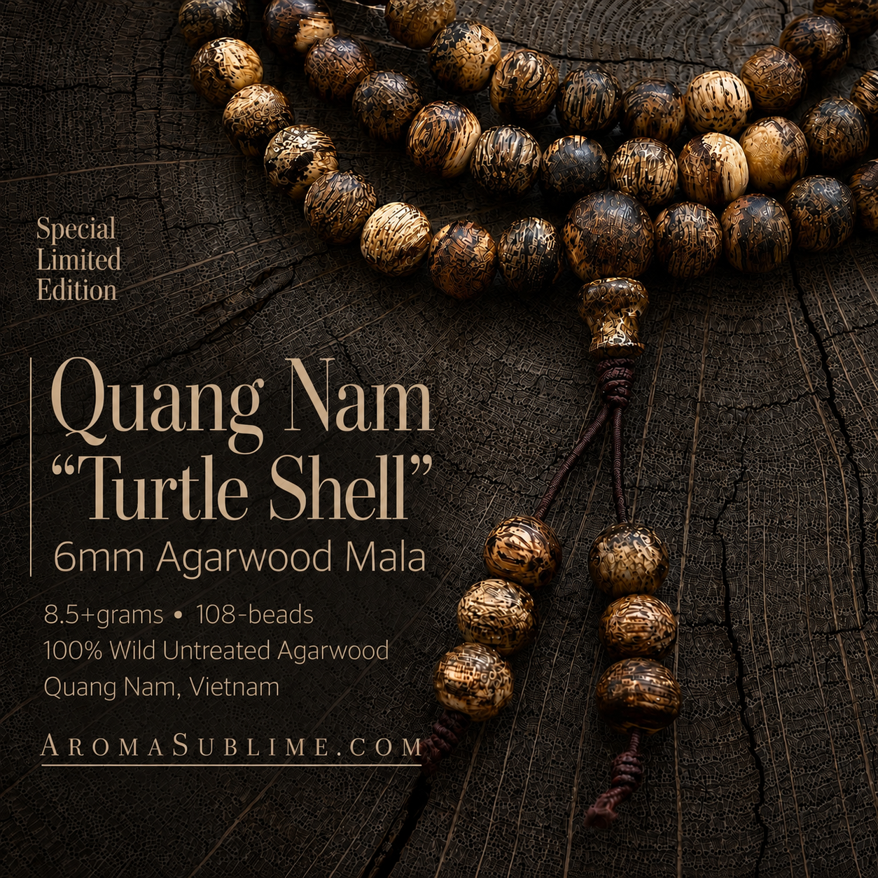 Quang Nam “Turtle Shell” 6mm 8.5+grams Classic Agarwood Mala • 108-beads 100% Wild Untreated Agarwood • Quang Nam, Vietnam