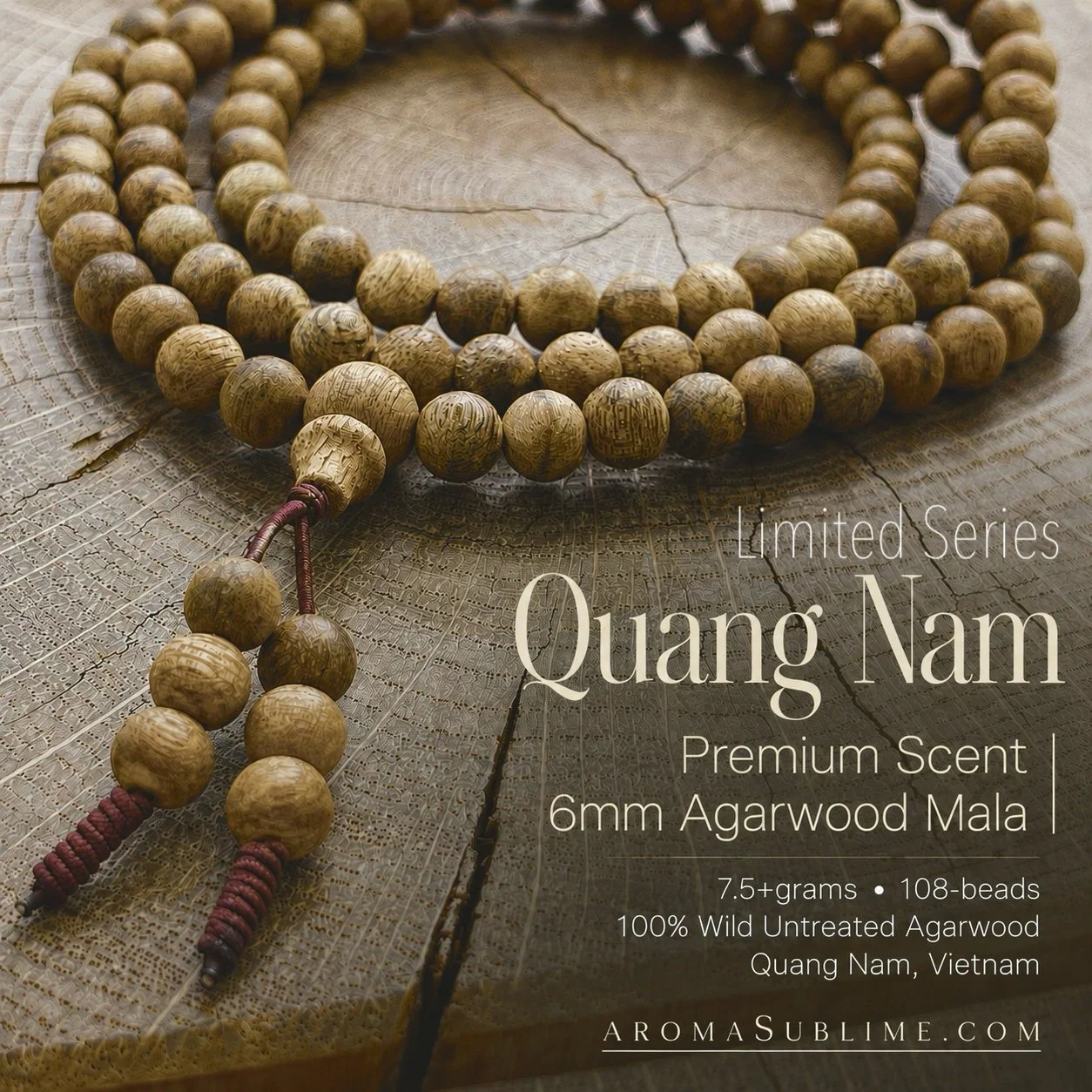 Quang Nam Premium Scent 6mm 7.5+grams Agarwood Mala • 108-beads 100% Wild Untreated Agarwood • Quang Nam, Vietnam