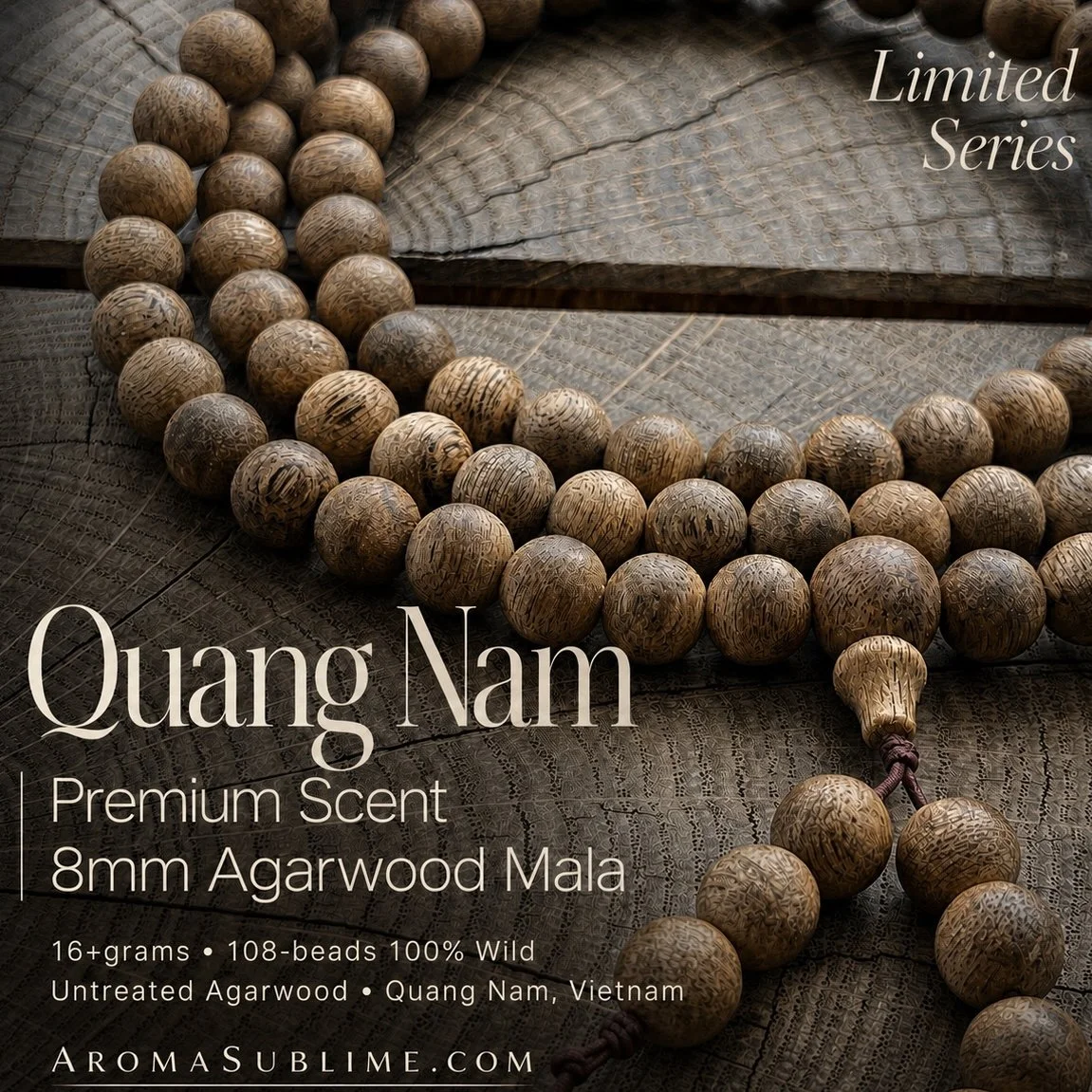 Quang Nam Premium Scent 8mm 16+grams Agarwood Mala • 108-beads 100% Wild Untreated Agarwood • Quang Nam, Vietnam