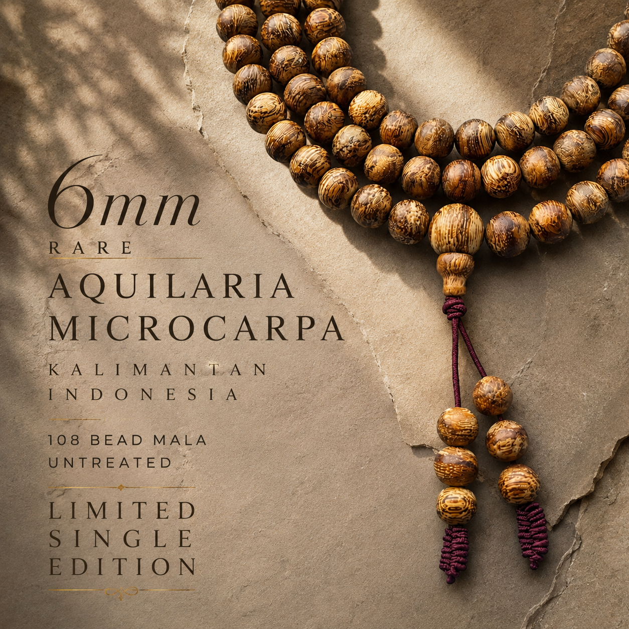 6mm rare Aquilaria microcarpa Indonesia Agarwood Mala • 108 beads mala • Kalimantan Indonesia